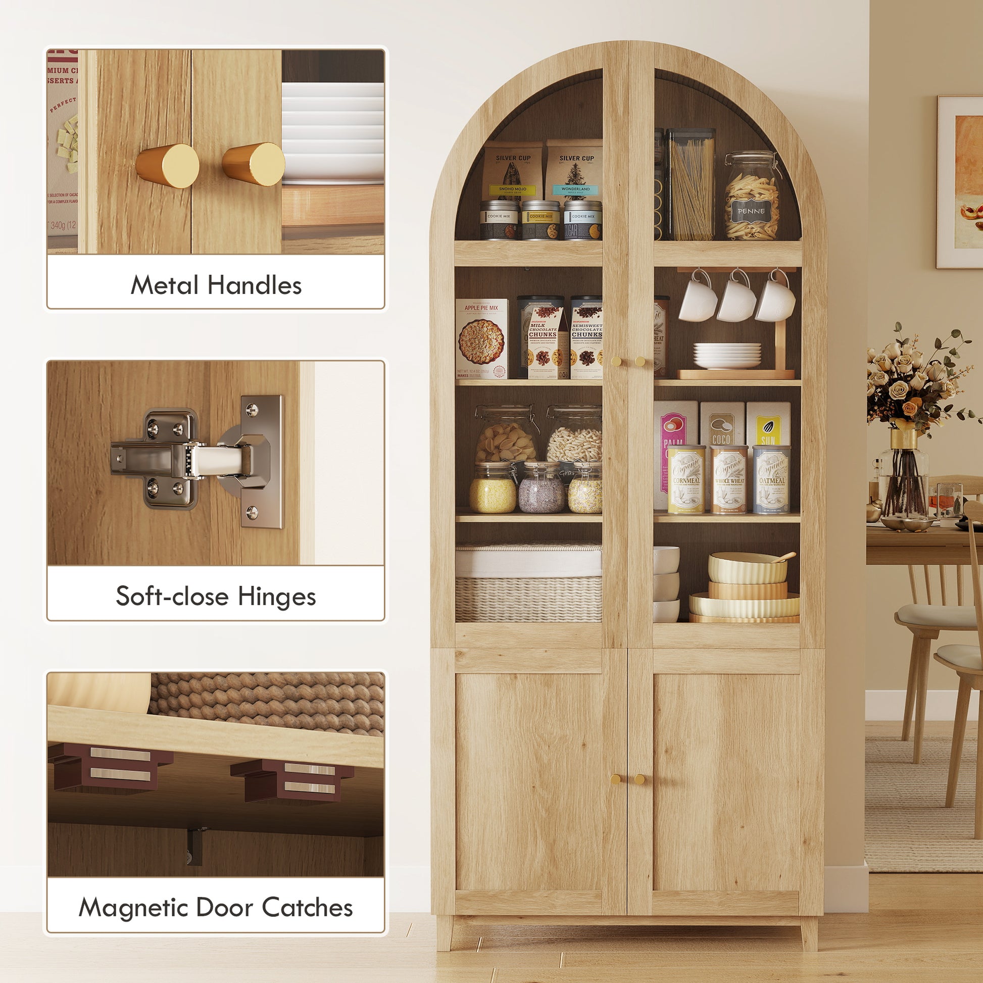 Arched Kitchen Pantry Cabinet, 71" Tall Farmhouse Kitchen Storage Cabinet with Acrylic Glass Doors, Oak-Home Furnishings > Storage & Organization > Kitchen Pantry Cabinets-DECOROLALA
