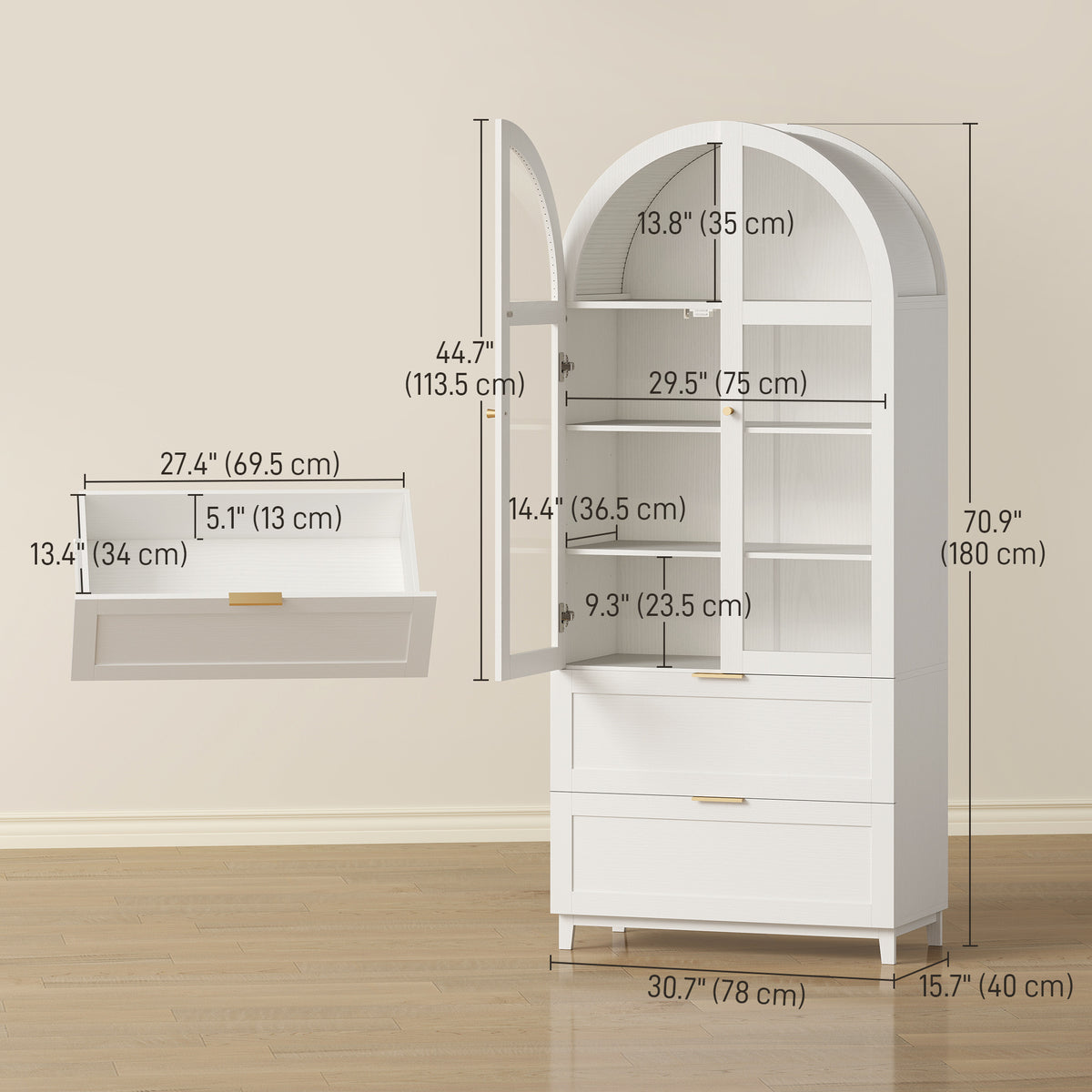 Arched Kitchen Pantry Cabinet - 71" White Farmhouse MDF-Home Furnishings > Storage & Organization > Kitchen Pantry Cabinets-DECOROLALA
