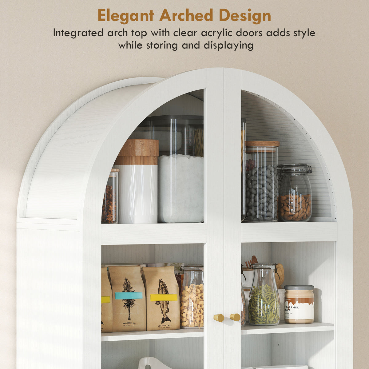 Arched Kitchen Pantry Cabinet - 71" White Farmhouse MDF-Home Furnishings > Storage & Organization > Kitchen Pantry Cabinets-DECOROLALA