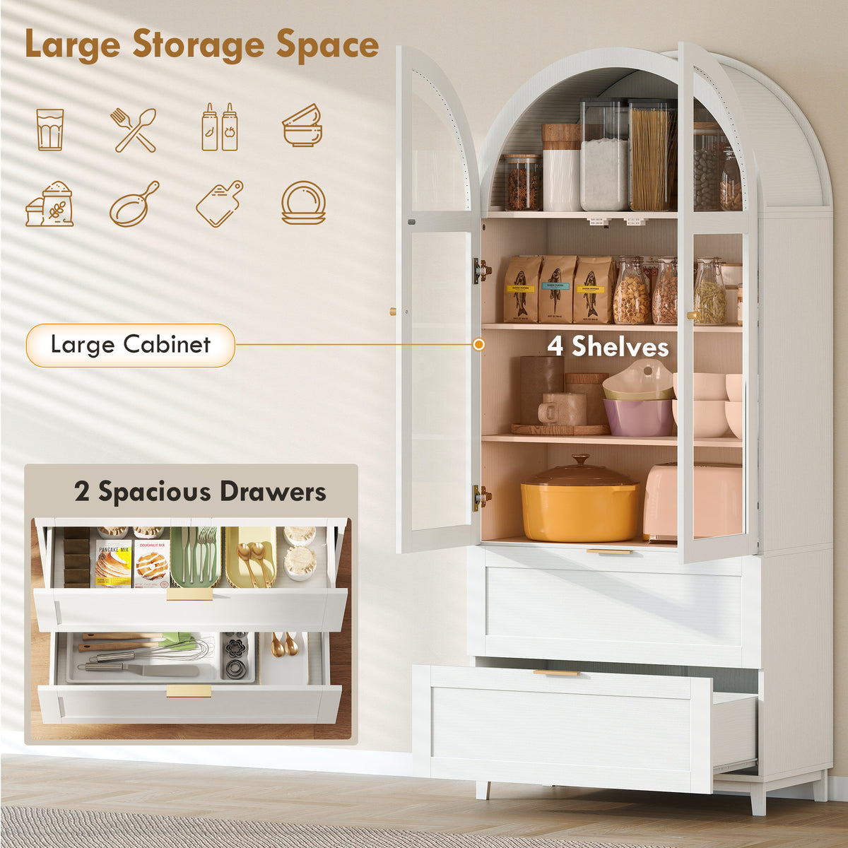 Arched Kitchen Pantry Cabinet - 71" White Farmhouse MDF-Home Furnishings > Storage & Organization > Kitchen Pantry Cabinets-DECOROLALA
