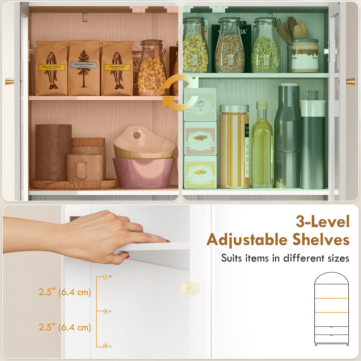 Arched Kitchen Pantry Cabinet - 71" White Farmhouse MDF-Home Furnishings > Storage & Organization > Kitchen Pantry Cabinets-DECOROLALA