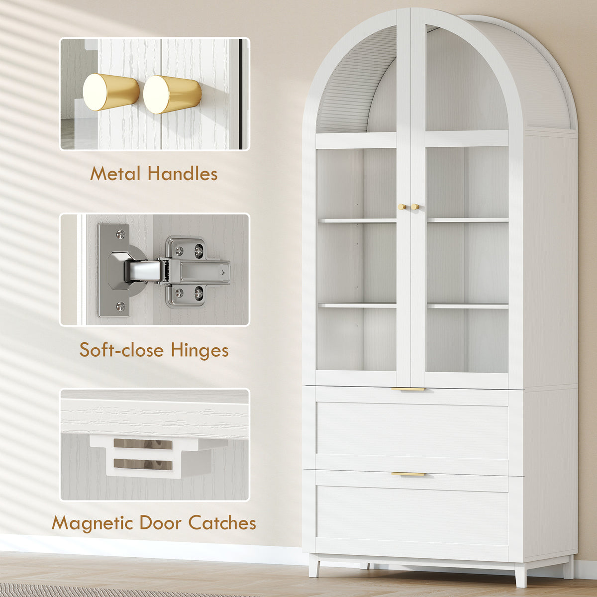 Arched Kitchen Pantry Cabinet - 71" White Farmhouse MDF-Home Furnishings > Storage & Organization > Kitchen Pantry Cabinets-DECOROLALA