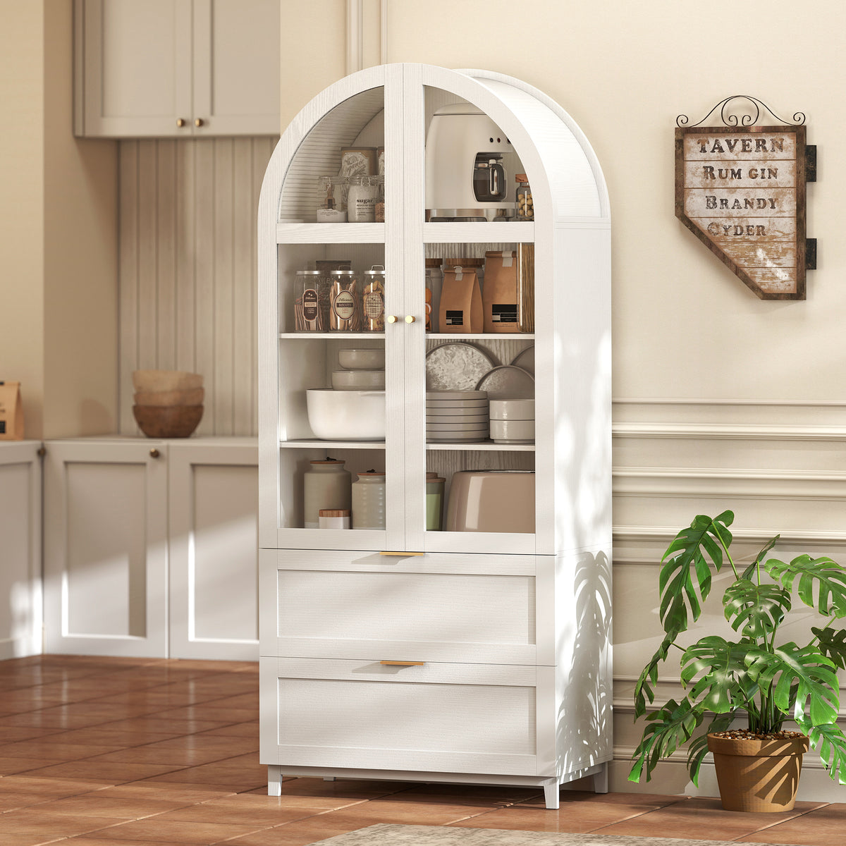 Arched Kitchen Pantry Cabinet - 71" White Farmhouse MDF-Home Furnishings > Storage & Organization > Kitchen Pantry Cabinets-DECOROLALA