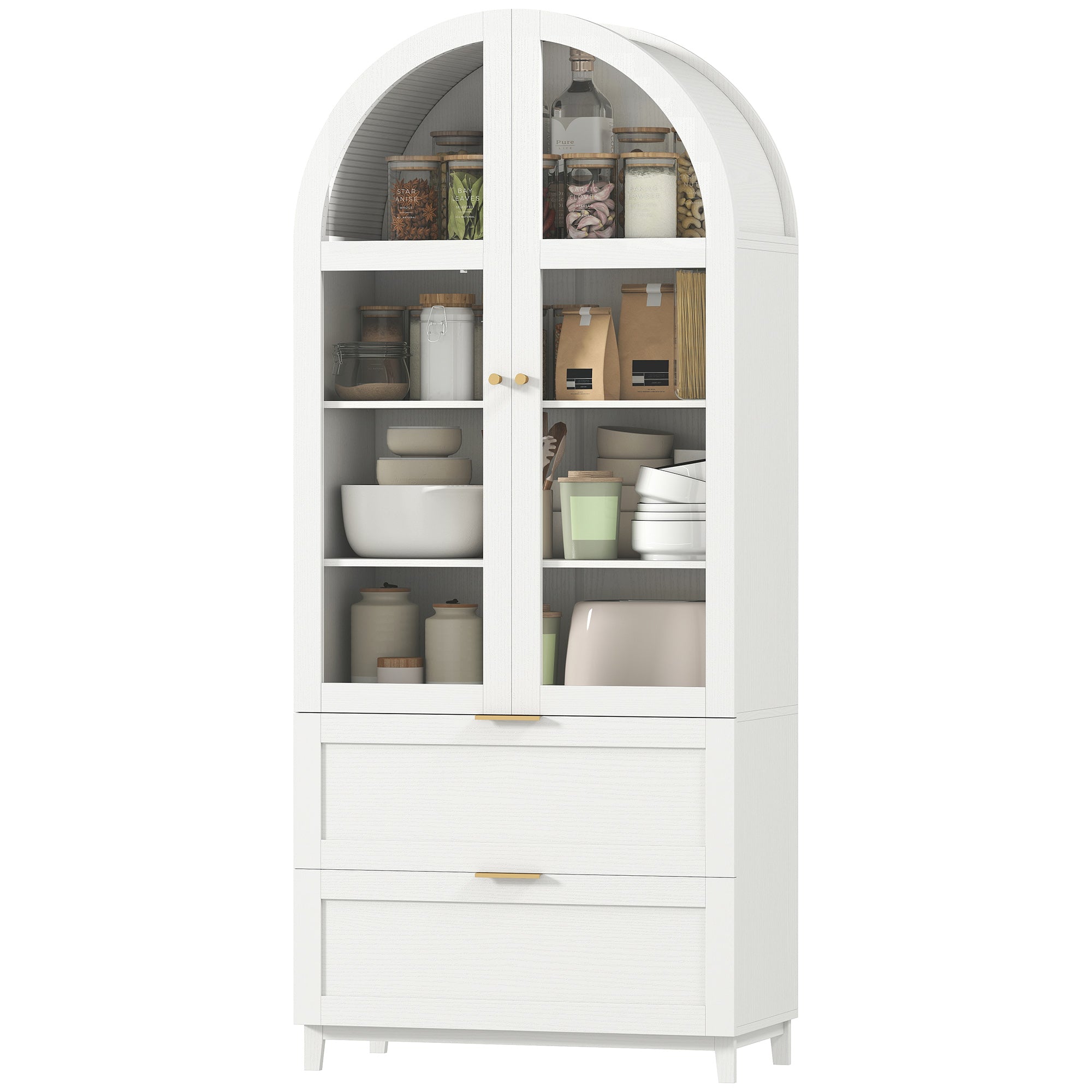 Arched Kitchen Pantry Cabinet - 71" White Farmhouse MDF-Home Furnishings > Storage & Organization > Kitchen Pantry Cabinets-DECOROLALA