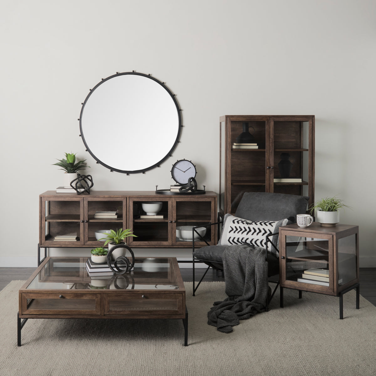 Arelius 36L x 18.75W x 63H Light Wood W/ Metal Base Display Cabinet-Cabinets-DECOROLALA