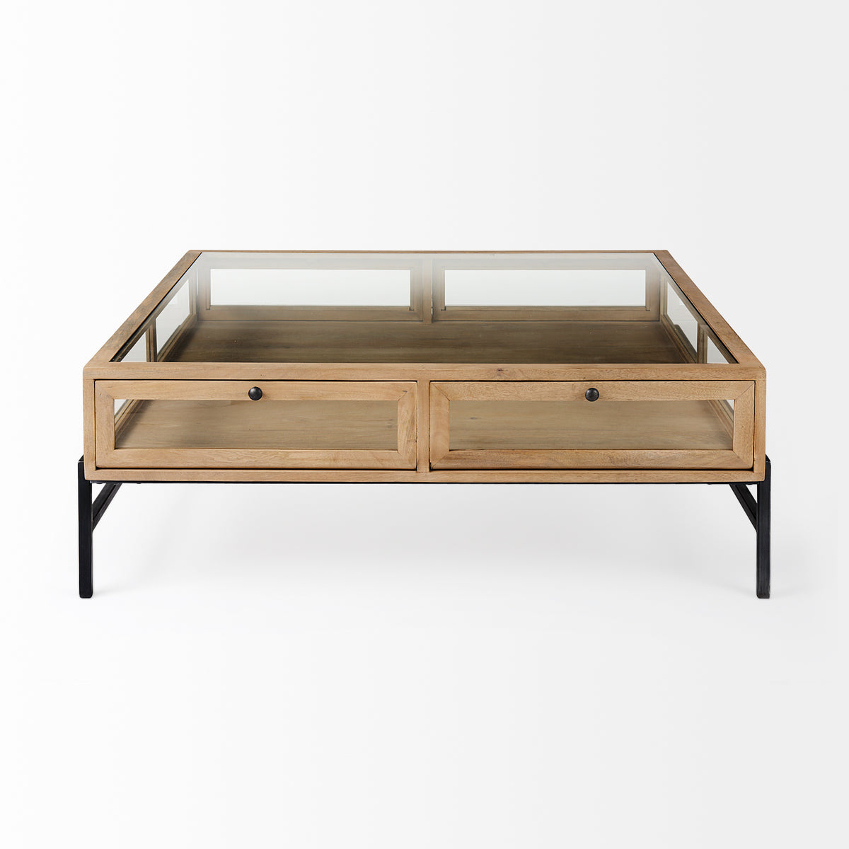 Arelius 42" Square Glass-Top Light w/ Black Metal Base Display Coffee Table-Coffee Tables-DECOROLALA