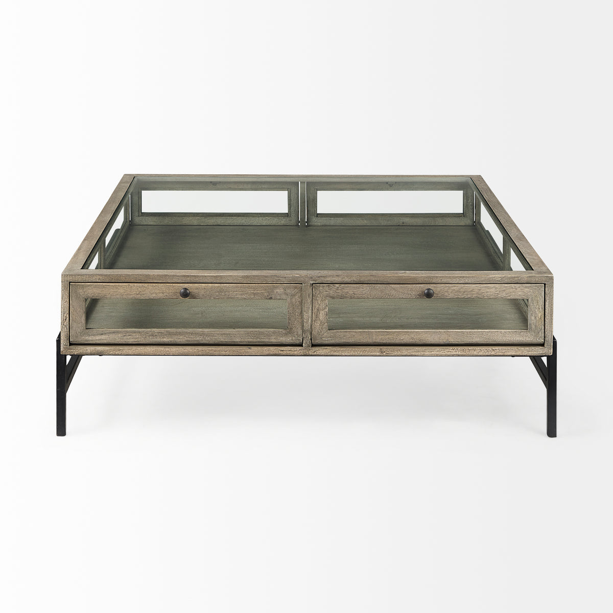 Arelius 42" Square Glass-Top Light w/ Black Metal Base Display Coffee Table-Coffee Tables-DECOROLALA