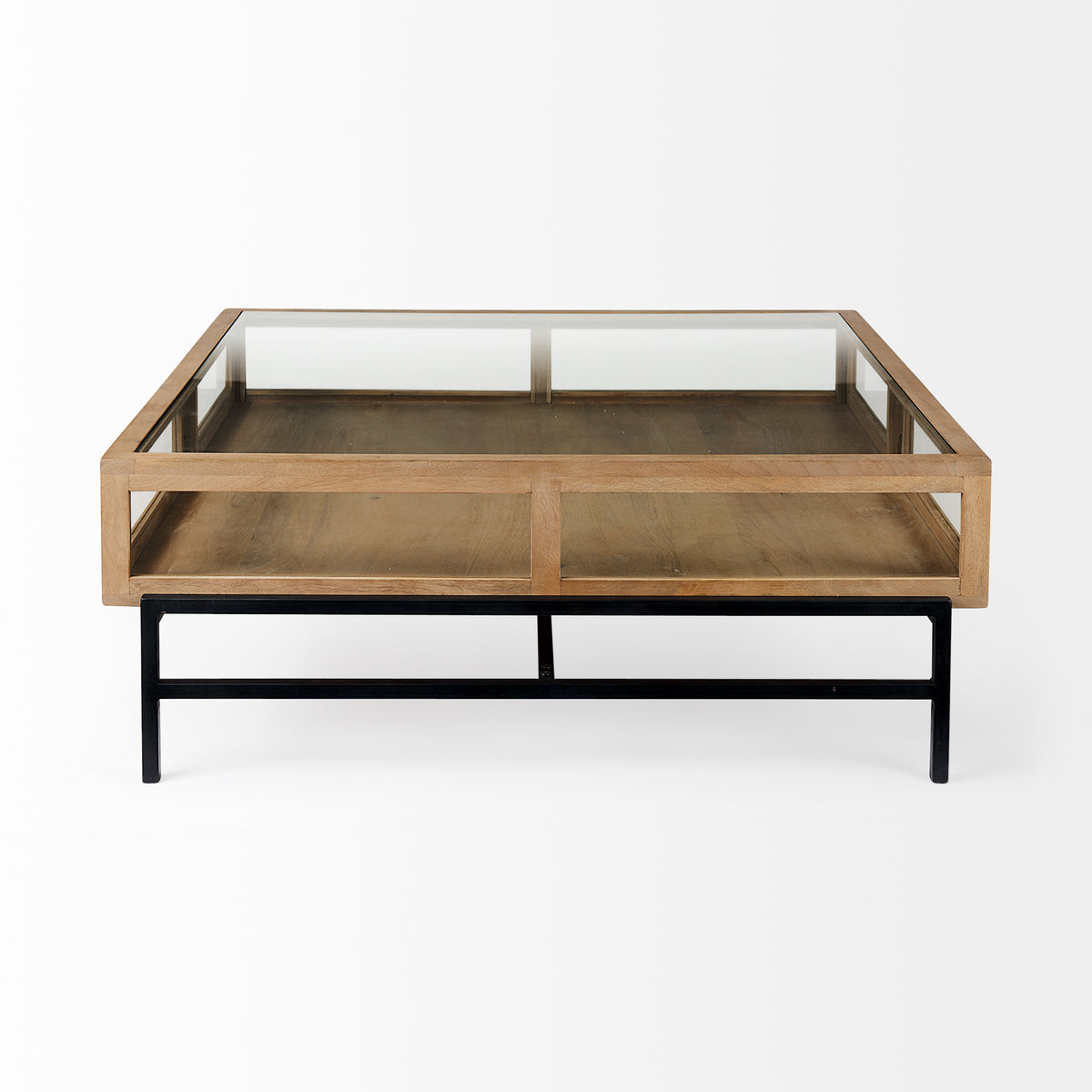Arelius 42" Square Glass-Top Light w/ Black Metal Base Display Coffee Table-Coffee Tables-DECOROLALA