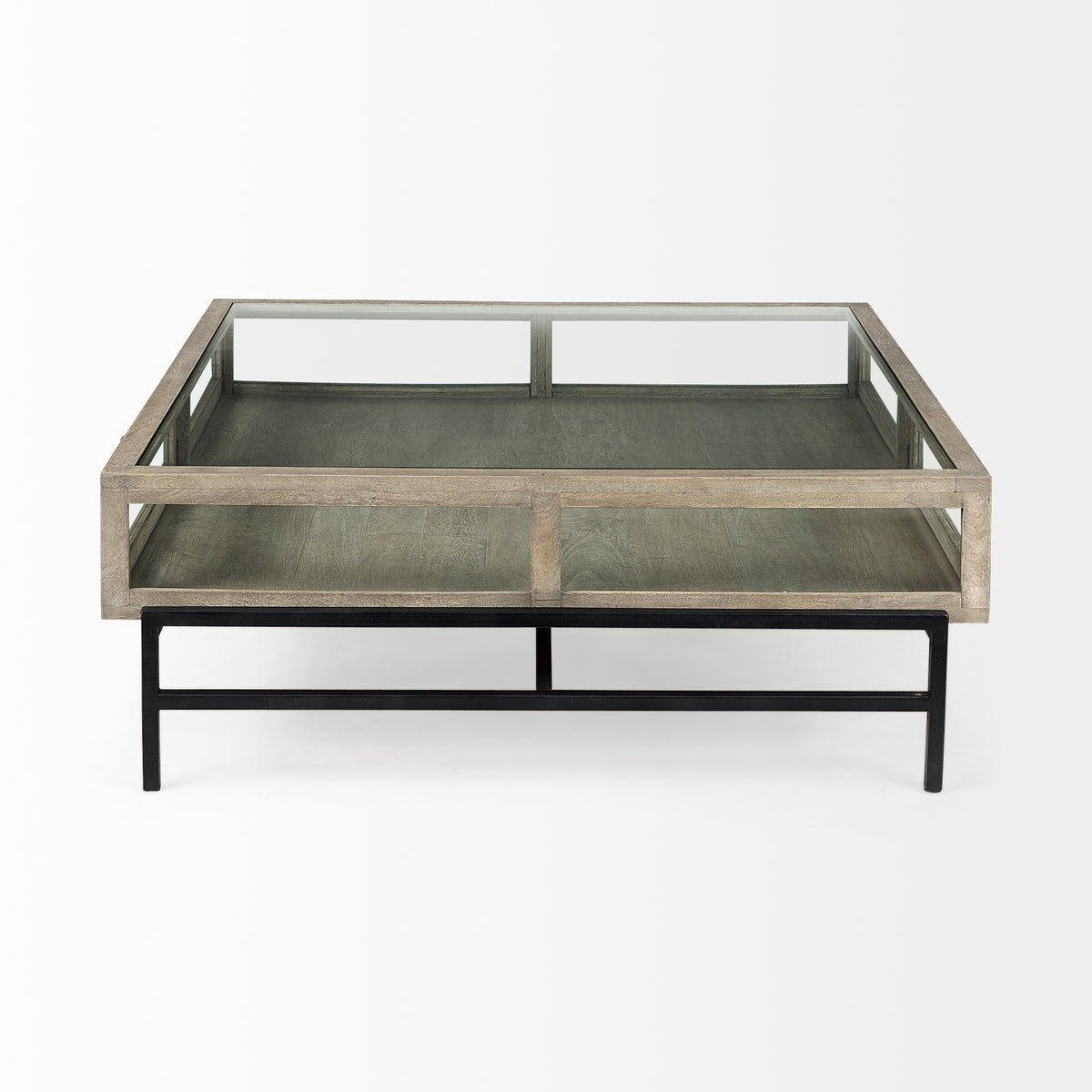 Arelius 42" Square Glass-Top Light w/ Black Metal Base Display Coffee Table-Coffee Tables-DECOROLALA