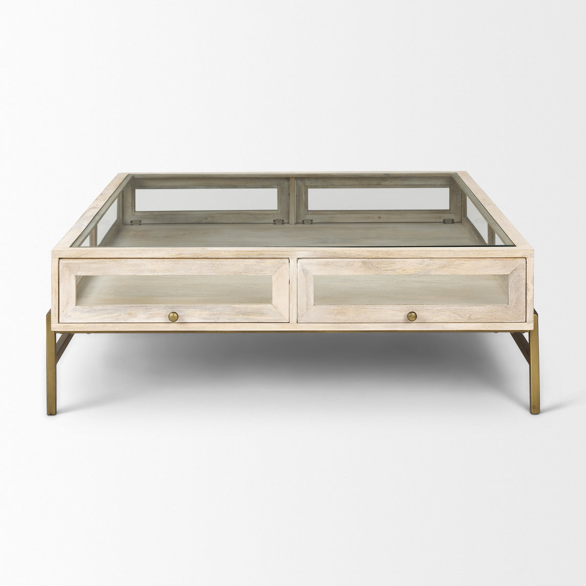 Arelius 42" Square Glass-Top Light w/ Black Metal Base Display Coffee Table-Coffee Tables-DECOROLALA
