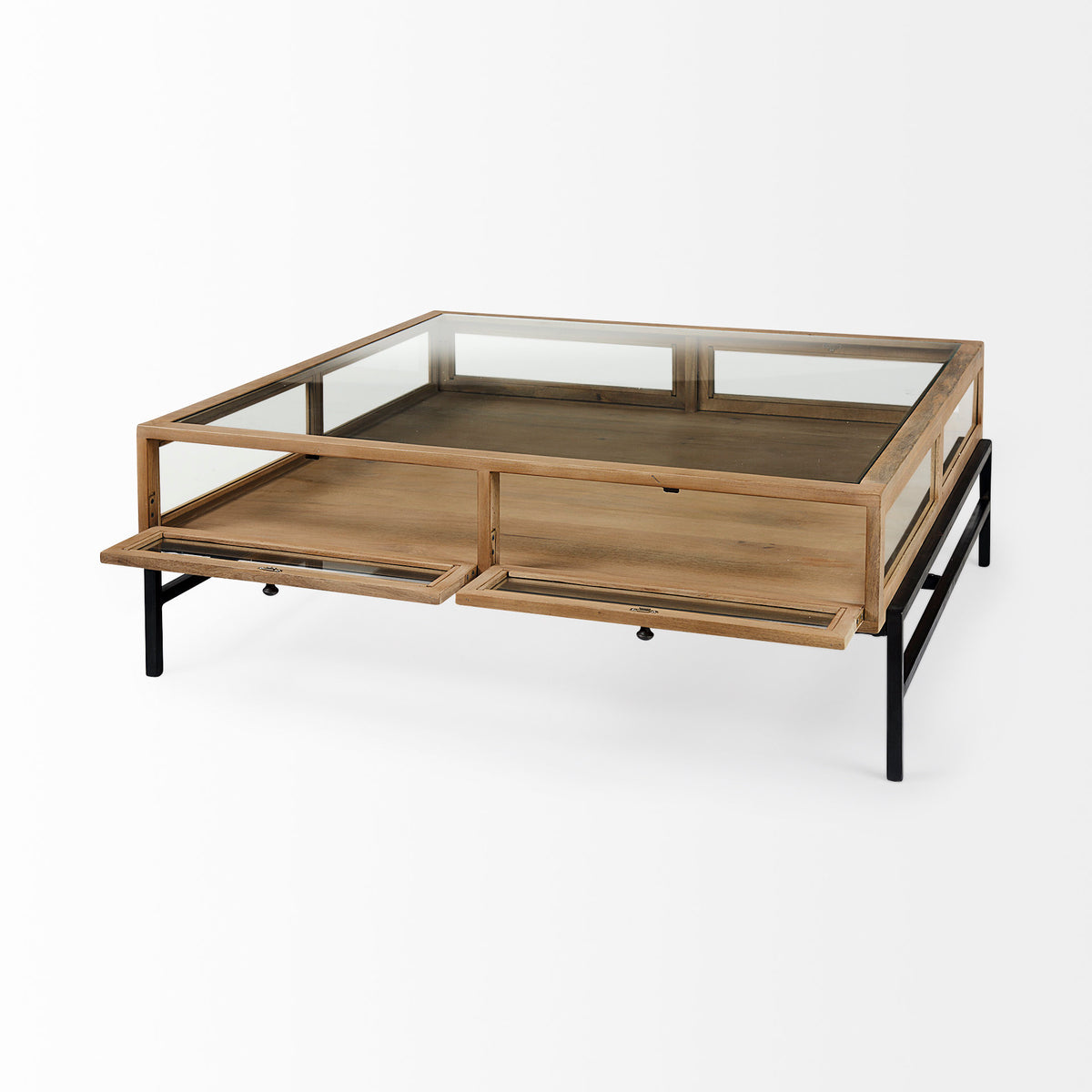Arelius 42" Square Glass-Top Light w/ Black Metal Base Display Coffee Table-Coffee Tables-DECOROLALA