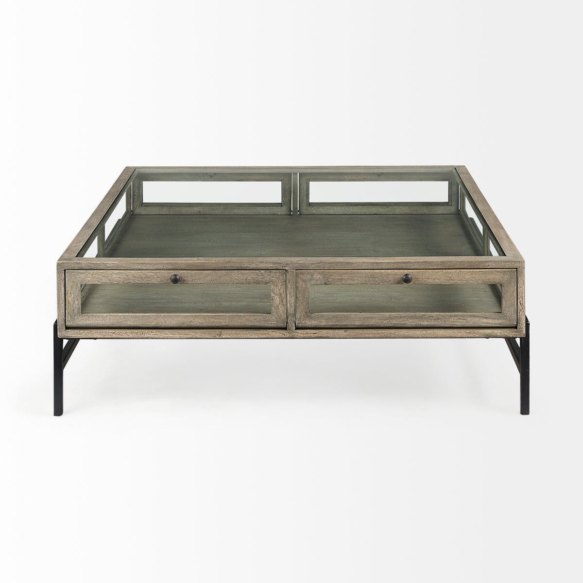 Arelius 42" Square Glass-Top Light w/ Black Metal Base Display Coffee Table-Coffee Tables-DECOROLALA