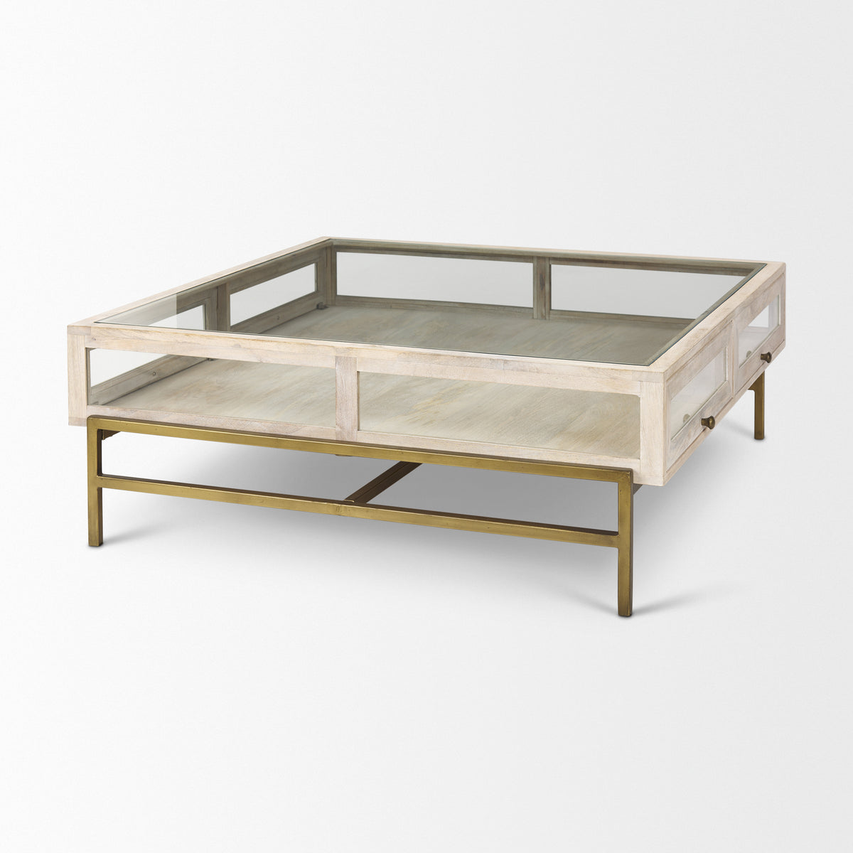 Arelius 42" Square Glass-Top Light w/ Black Metal Base Display Coffee Table-Coffee Tables-DECOROLALA