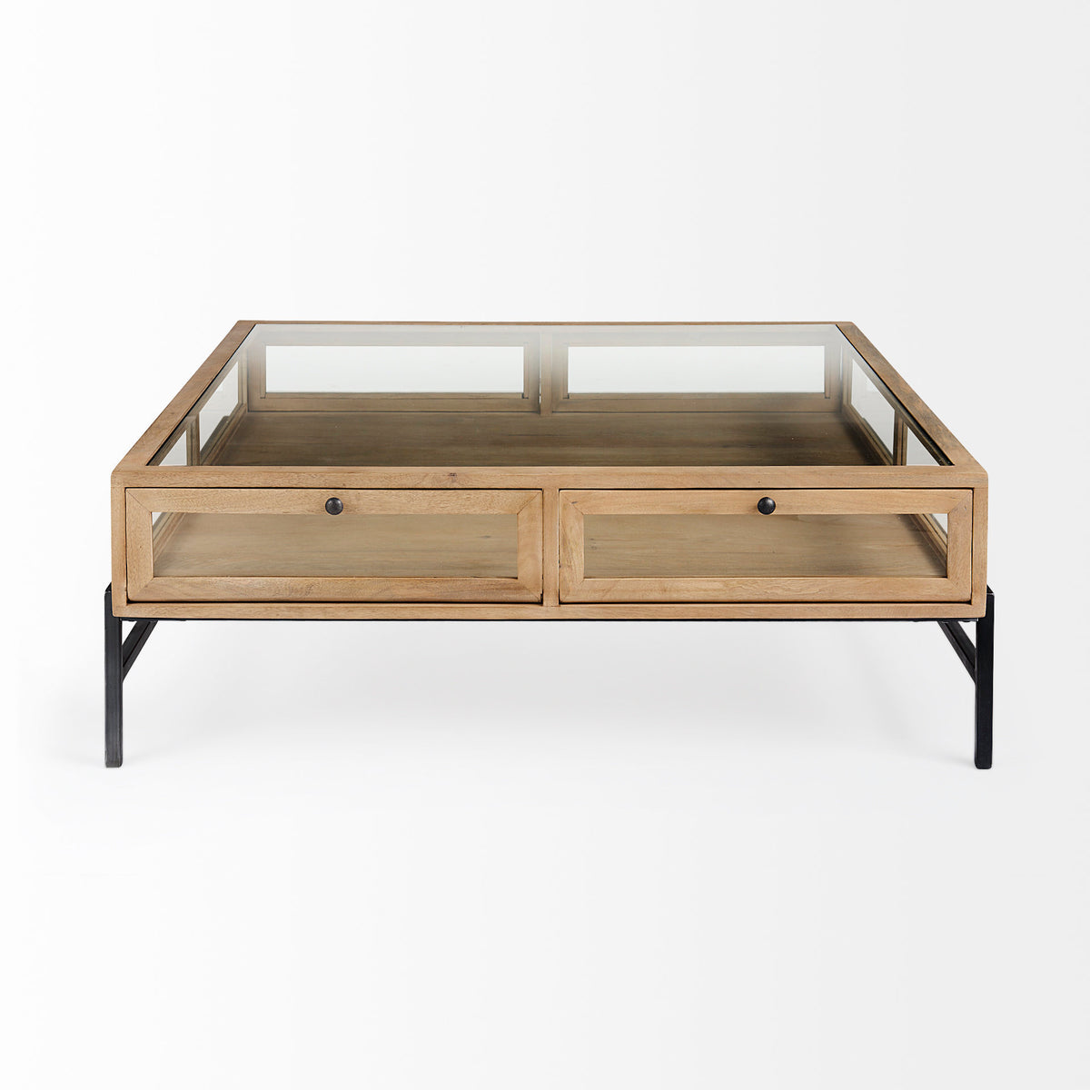 Arelius 42" Square Glass-Top Light w/ Black Metal Base Display Coffee Table-Coffee Tables-DECOROLALA