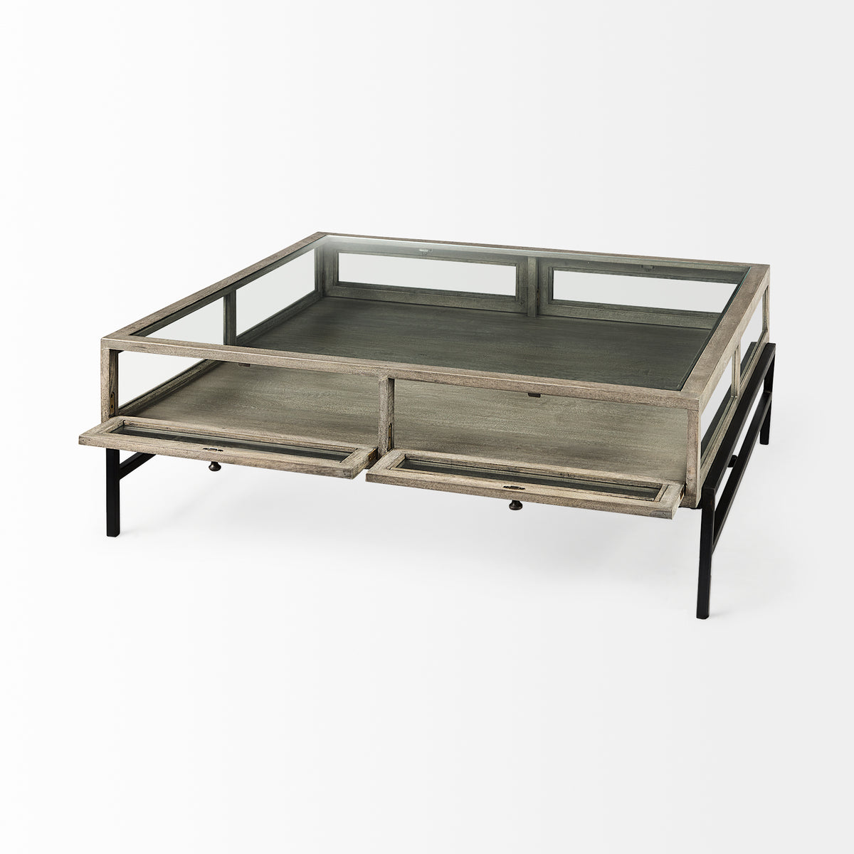 Arelius 42" Square Glass-Top Light w/ Black Metal Base Display Coffee Table-Coffee Tables-DECOROLALA