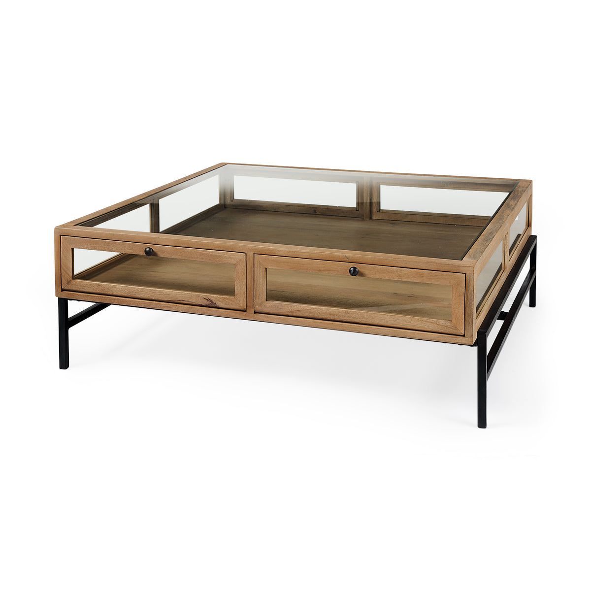 Arelius 42" Square Glass-Top Light w/ Black Metal Base Display Coffee Table-Coffee Tables-DECOROLALA