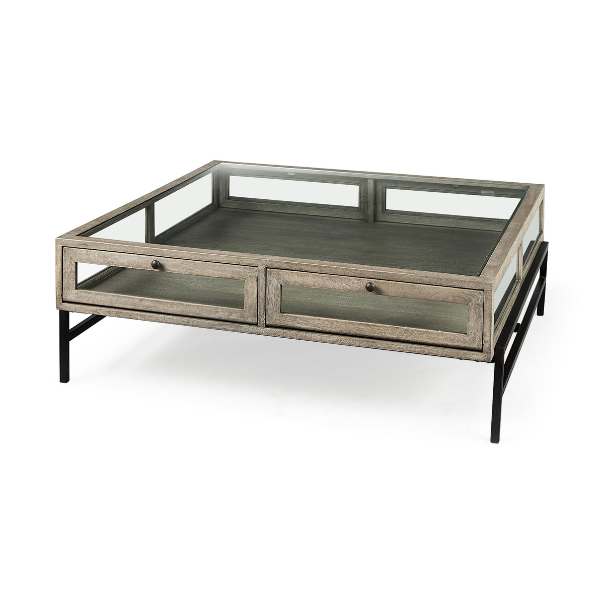Arelius 42" Square Glass-Top Light w/ Black Metal Base Display Coffee Table-Coffee Tables-DECOROLALA