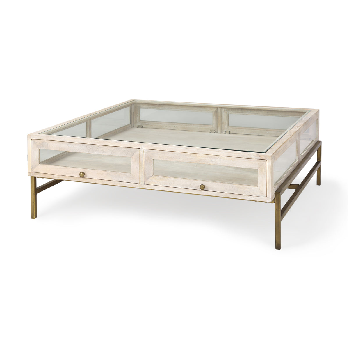 Arelius 42" Square Glass-Top Light w/ Black Metal Base Display Coffee Table-Coffee Tables-DECOROLALA