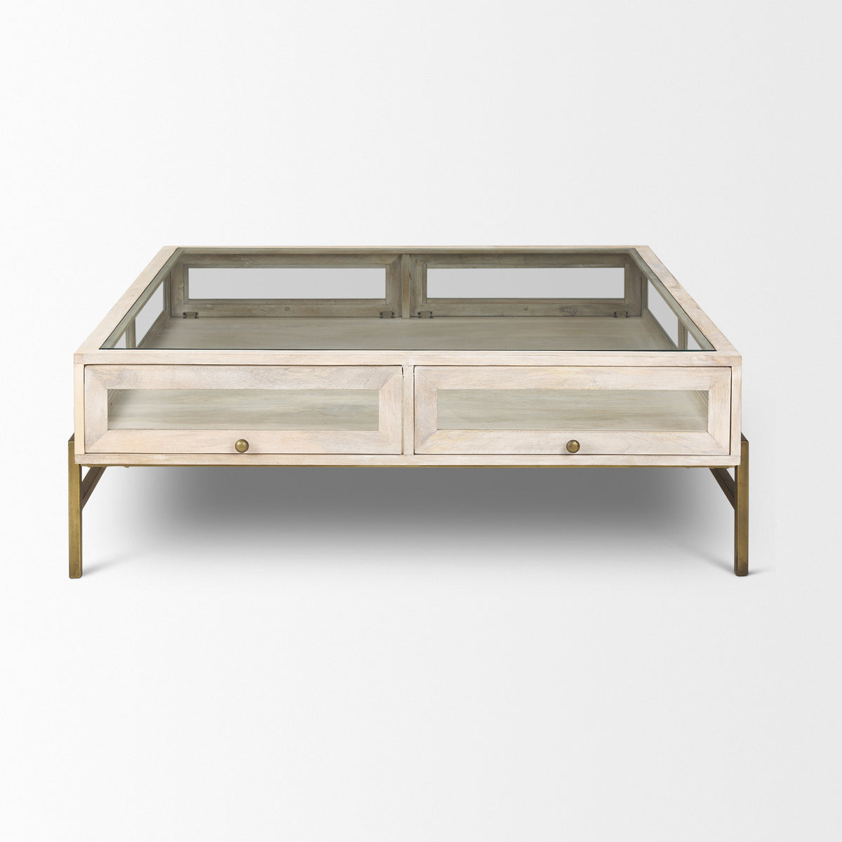 Arelius 42" Square Glass-Top Light w/ Black Metal Base Display Coffee Table-Coffee Tables-DECOROLALA
