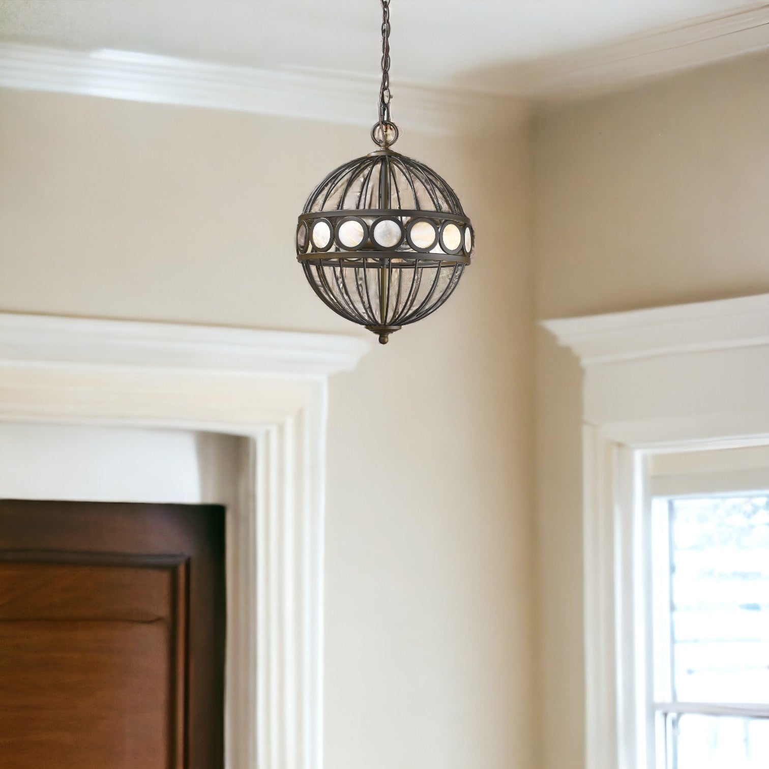 Aria 3-Light Oil-Rubbed Bronze Globe Pendant With Mother Of Pearl Accents-Pendants-Hanging Lights-DECOROLALA