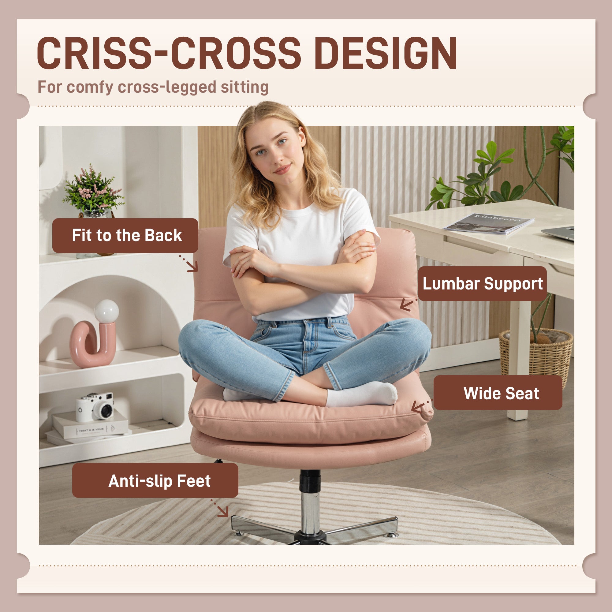 Armless Criss Cross Office Chair - Pink Microfiber-Office Products > Office Furniture > Office Chairs > Task Chairs-DECOROLALA