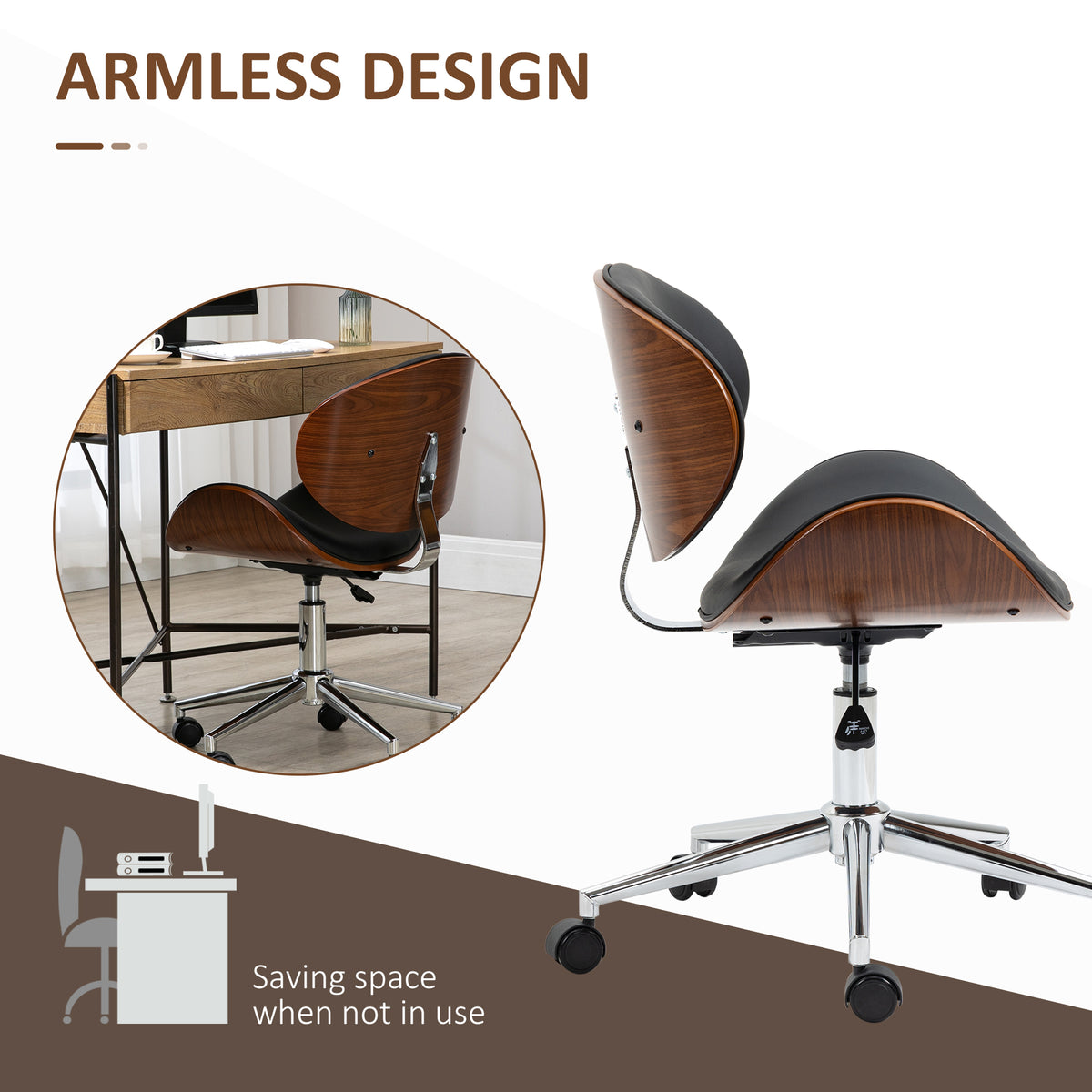 Armless Office Chair - Black Faux Leather & Bentwood-Office Products > Office Furniture > Office Chairs > Task Chairs-DECOROLALA