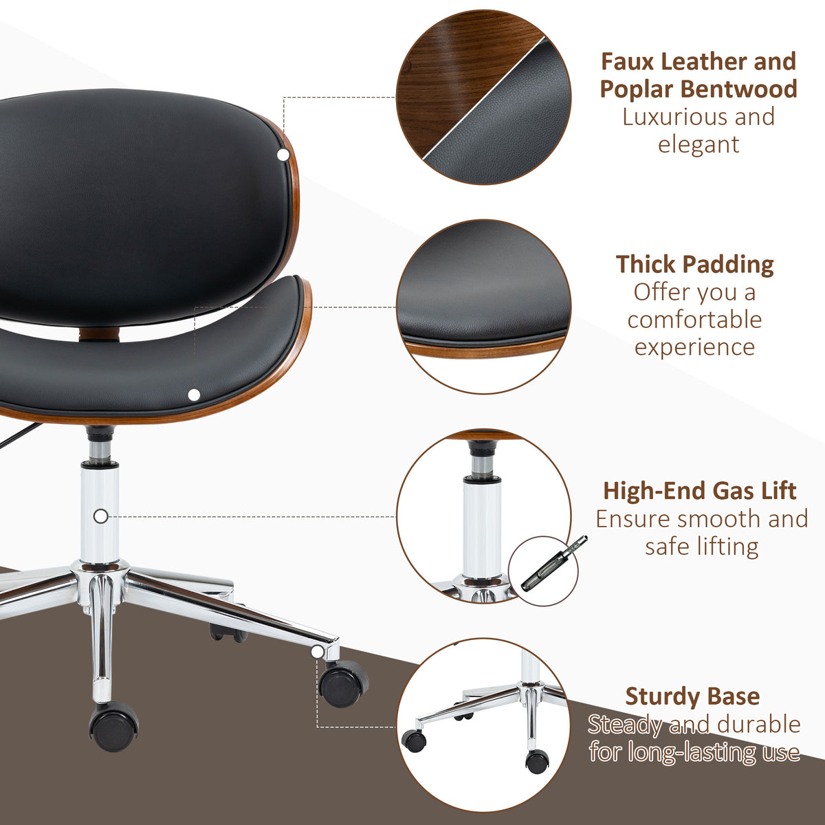 Armless Office Chair - Black Faux Leather & Bentwood-Office Products > Office Furniture > Office Chairs > Task Chairs-DECOROLALA