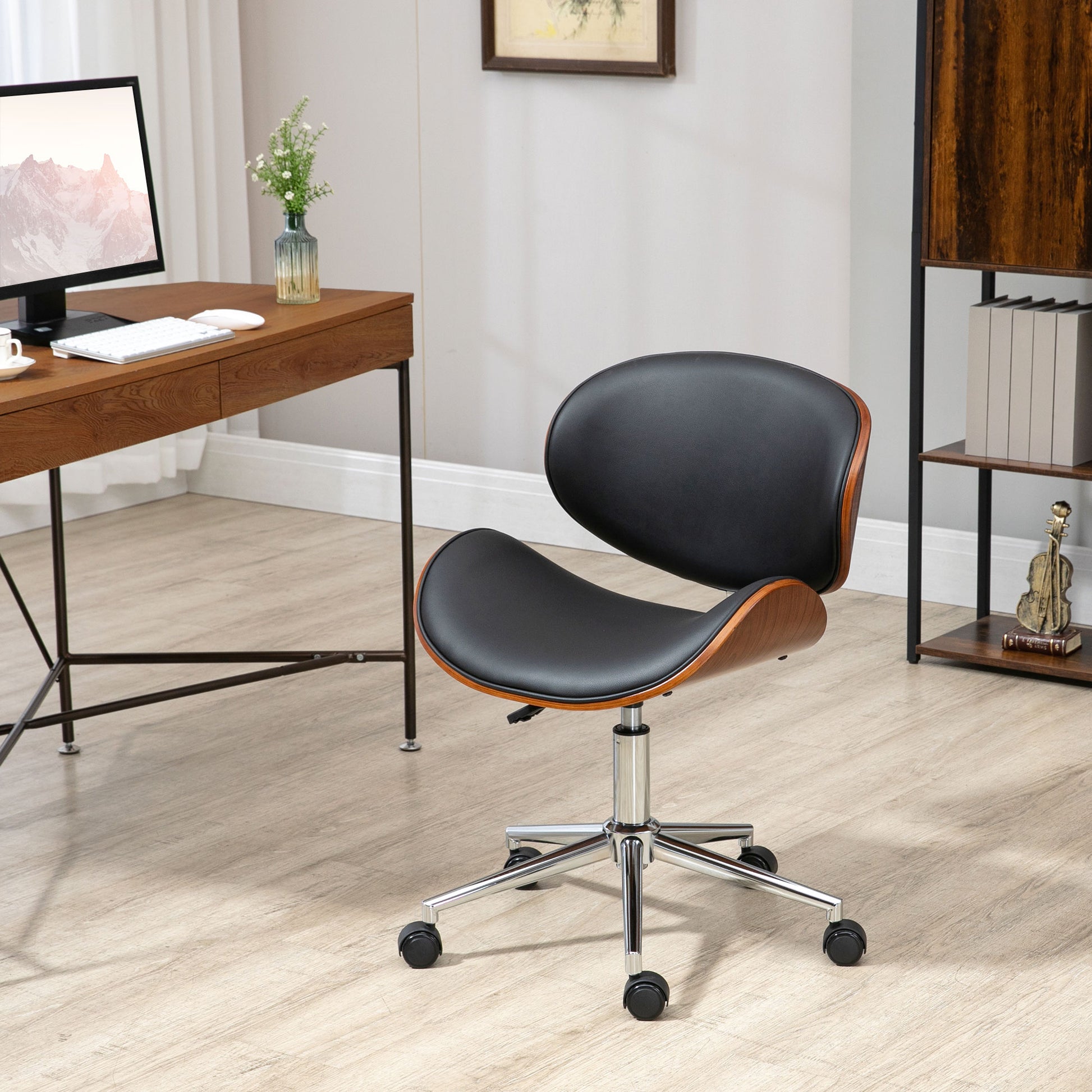 Armless Office Chair - Black Faux Leather & Bentwood-Office Products > Office Furniture > Office Chairs > Task Chairs-DECOROLALA