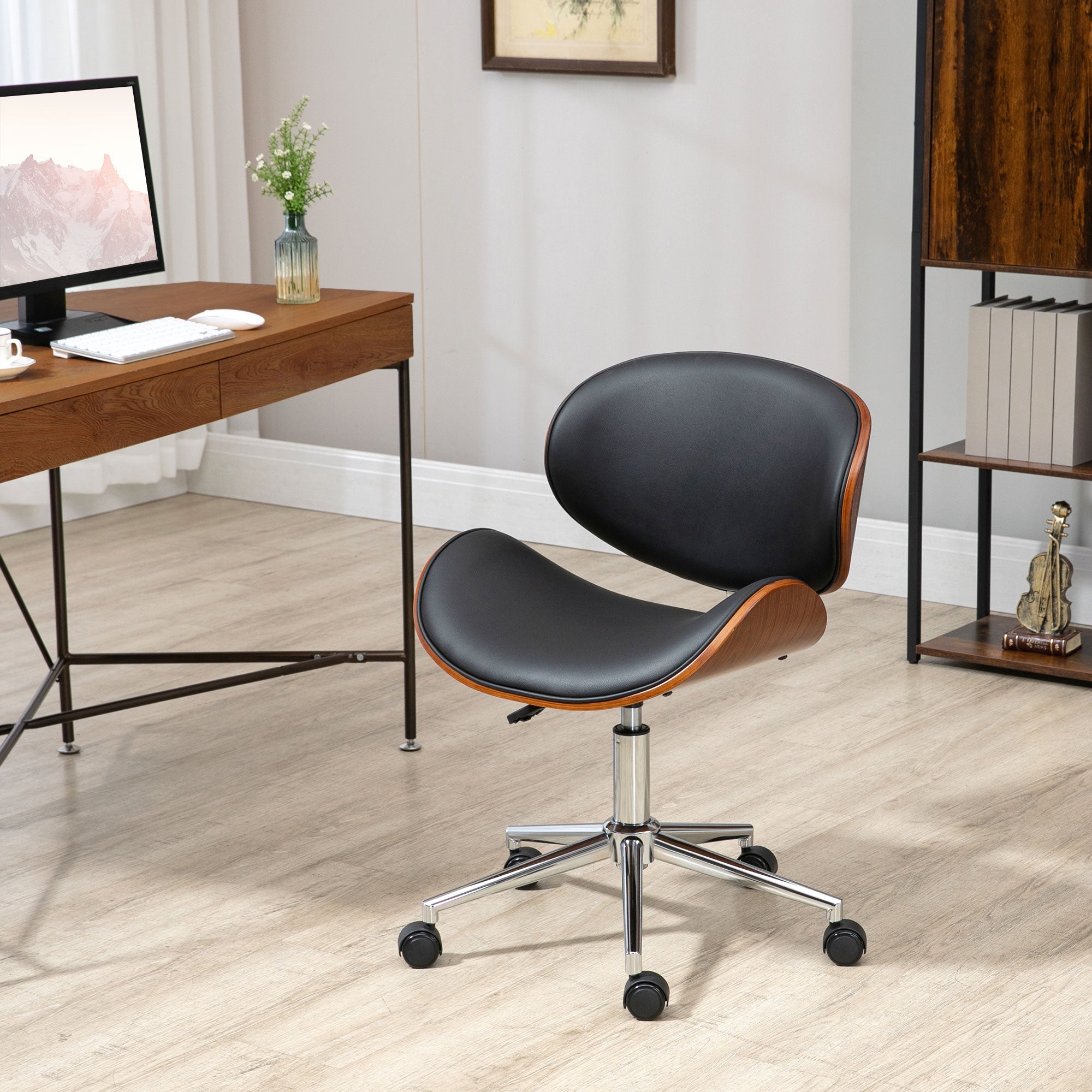 Armless Office Chair - Black Faux Leather & Bentwood-Office Products > Office Furniture > Office Chairs > Task Chairs-DECOROLALA