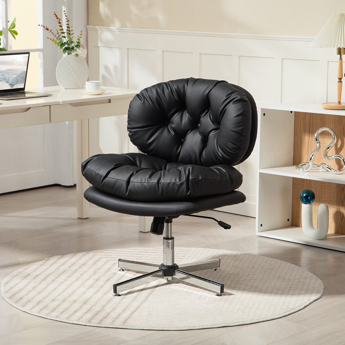 Armless Office Chair - Black PU Leather Swivel Desk Chair-Office Products > Office Furniture > Office Chairs > Task Chairs-DECOROLALA