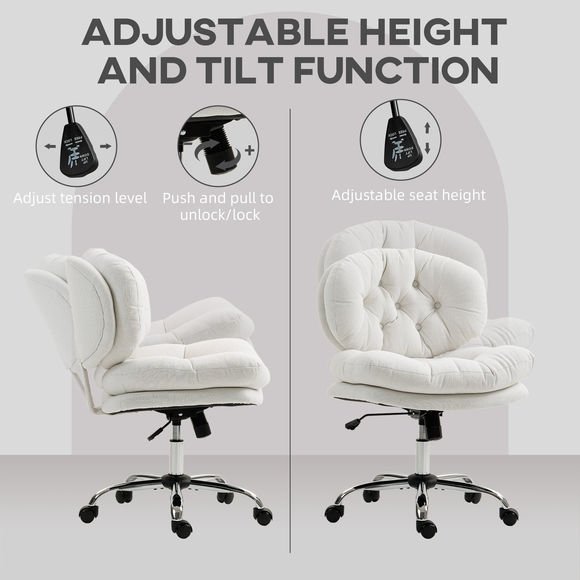 Armless Office Chair - Cream White Linen-Feel Fabric-DECOROLALA