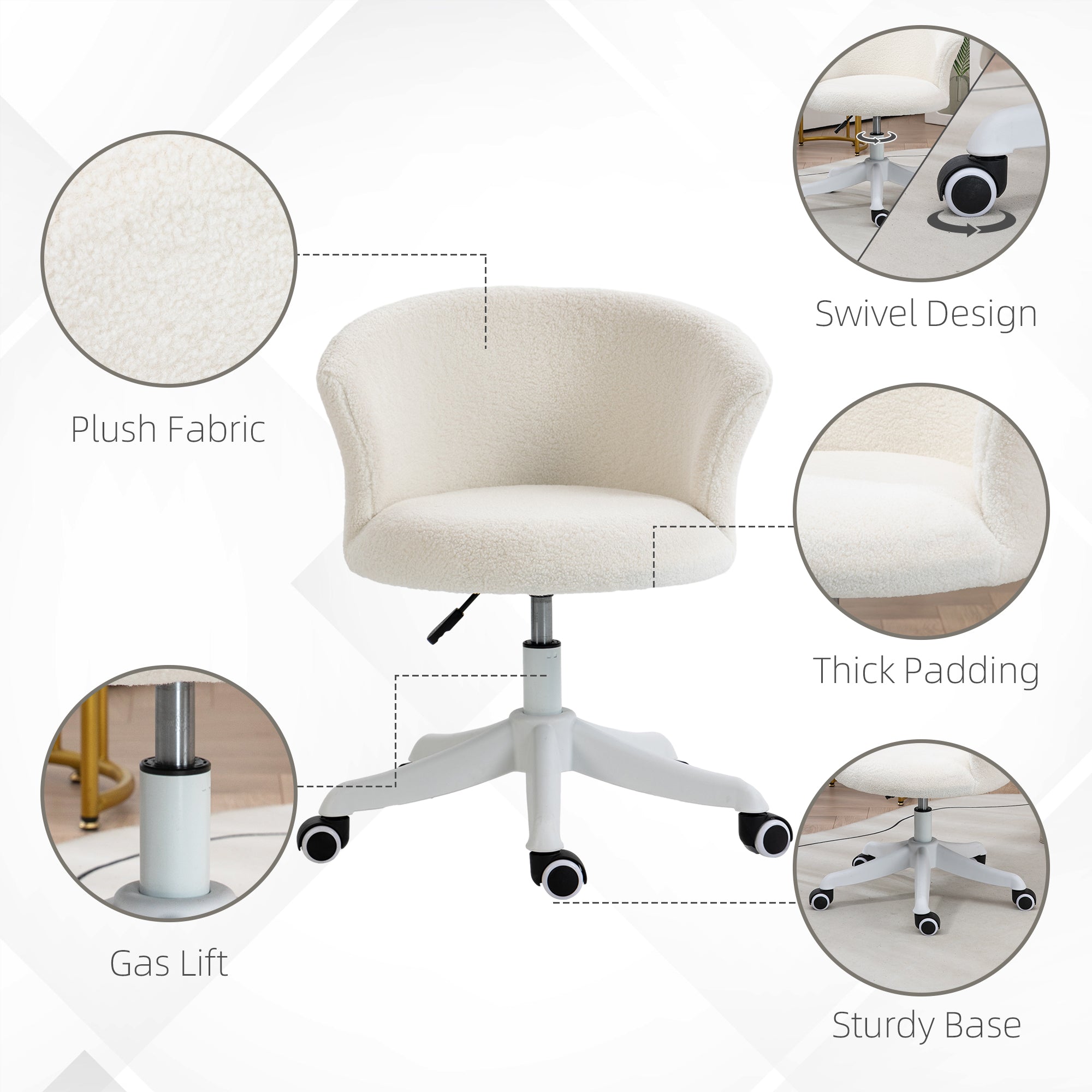 Armless Office Chair, Fluffy Computer Desk Chair with Adjustable Height, Swivel Wheels, Mid Back, White-Office Products > Office Furniture > Office Chairs > Task Chairs-DECOROLALA