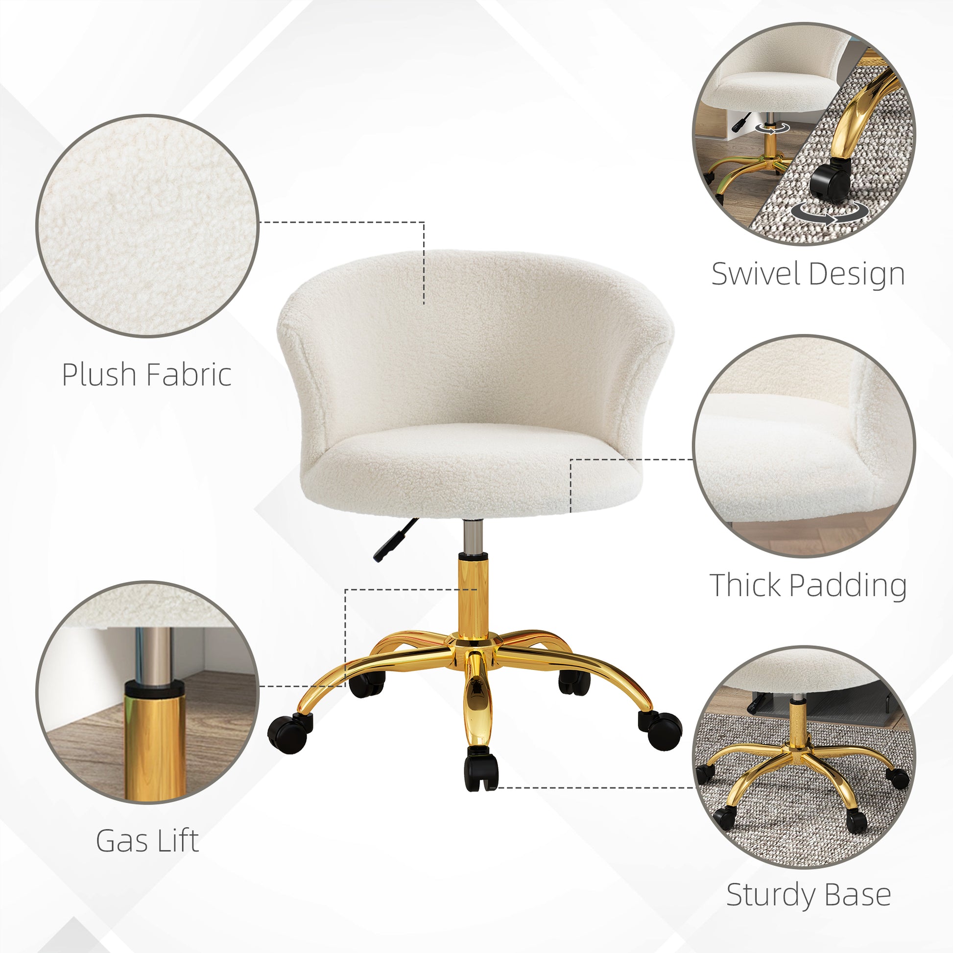 Armless Office Chair - Gold Teddy Fleece Swivel Desk Chair-Office Products > Office Furniture > Office Chairs > Task Chairs-DECOROLALA