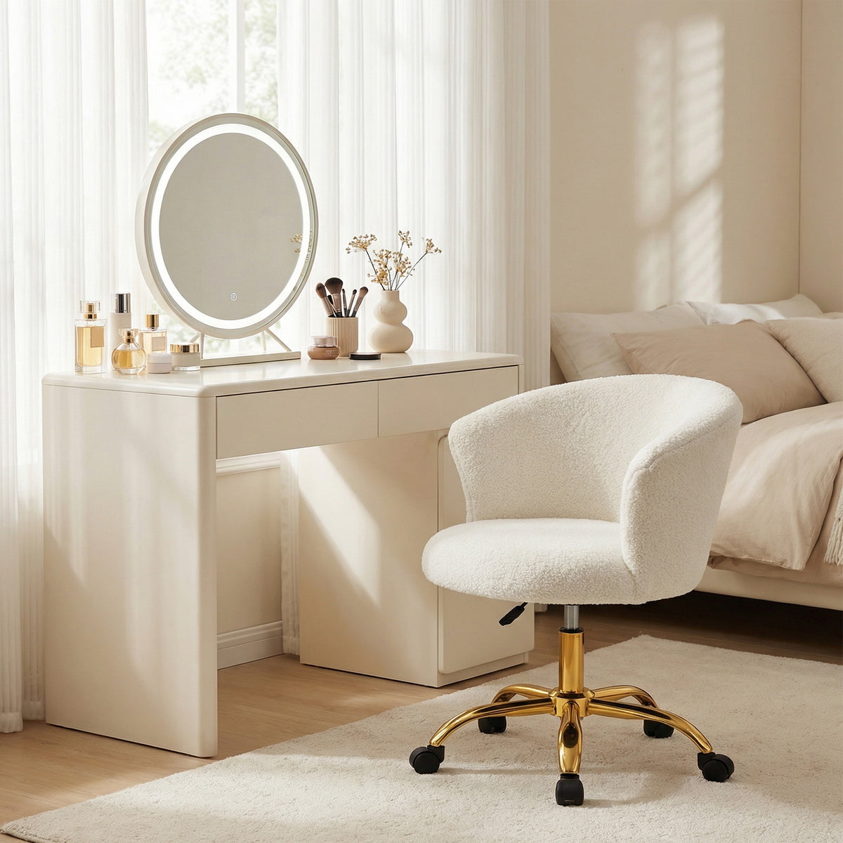 Armless Office Chair - Gold Teddy Fleece Swivel Desk Chair-Office Products > Office Furniture > Office Chairs > Task Chairs-DECOROLALA
