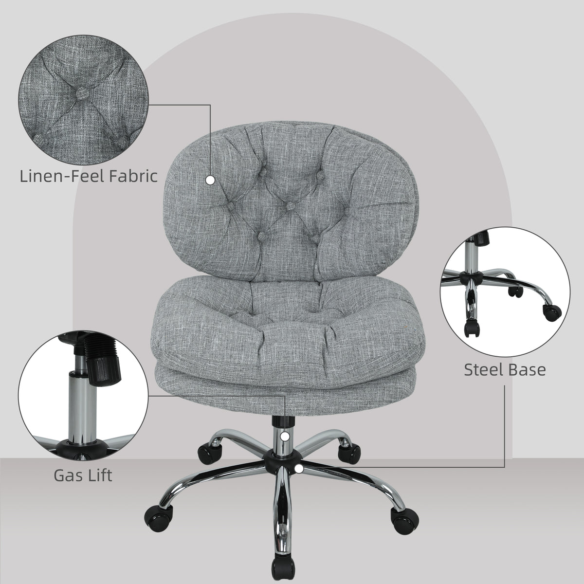 Armless Office Chair - Grey Linen-Feel Fabric Adjustable-Office Products > Office Furniture > Office Chairs > Task Chairs-DECOROLALA