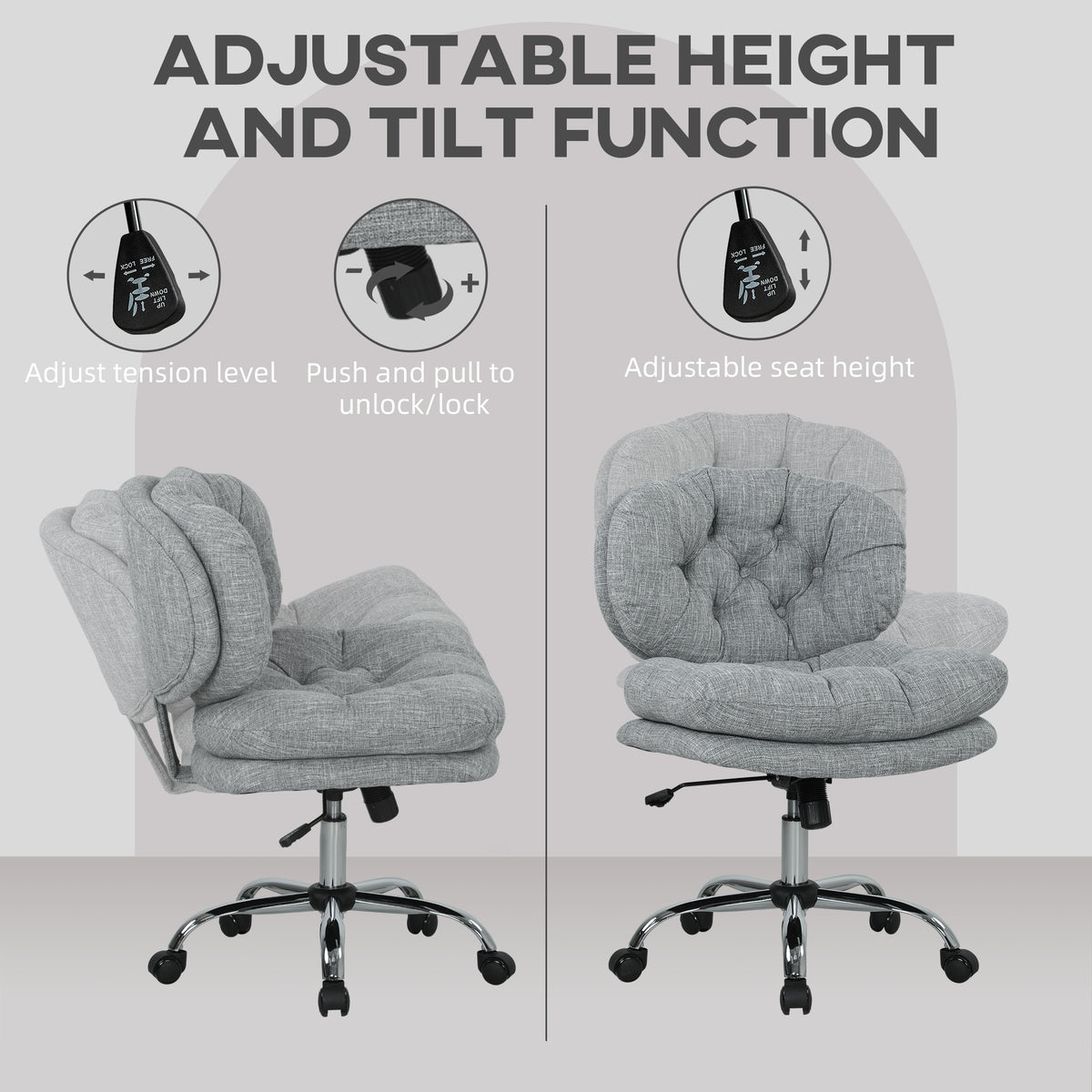 Armless Office Chair - Grey Linen-Feel Fabric Adjustable-Office Products > Office Furniture > Office Chairs > Task Chairs-DECOROLALA
