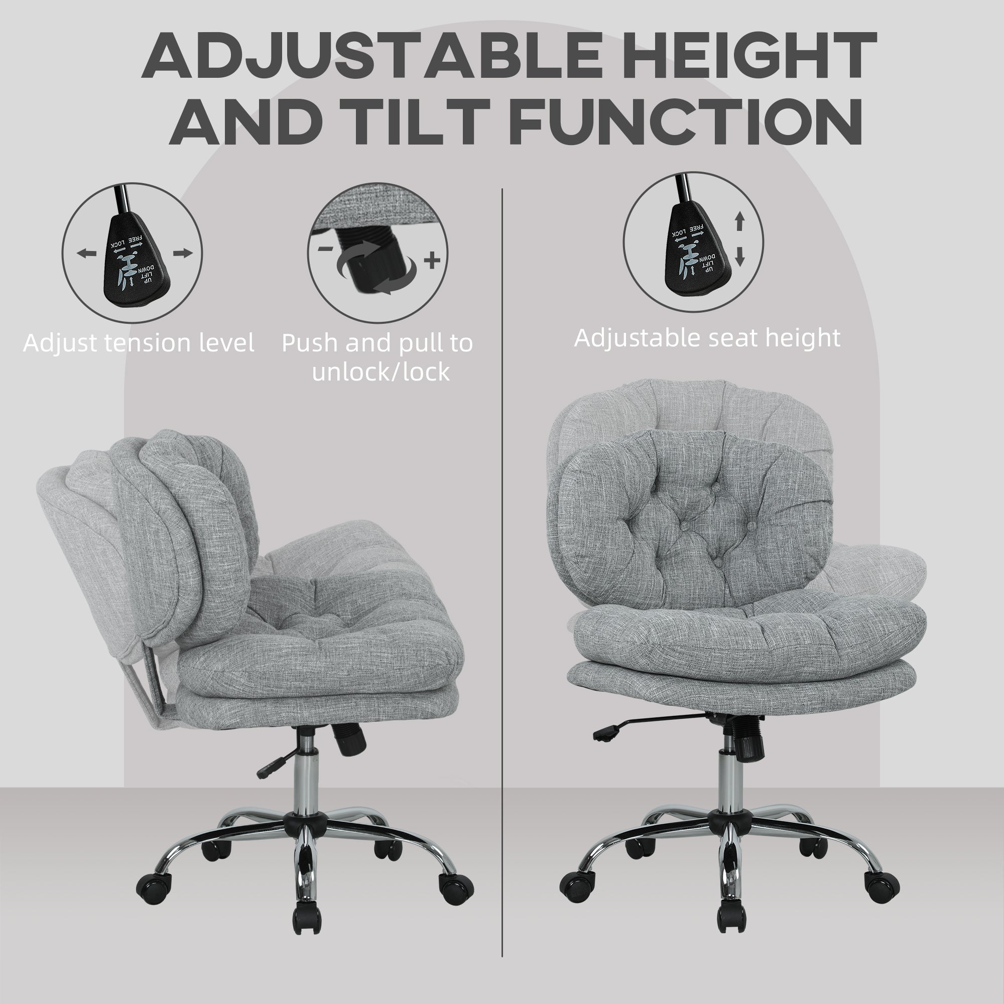 Armless Office Chair - Grey Linen-Feel Fabric Adjustable-Office Products > Office Furniture > Office Chairs > Task Chairs-DECOROLALA