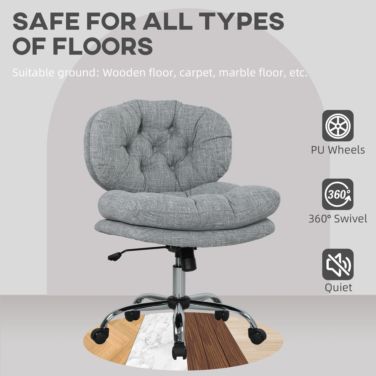 Armless Office Chair - Grey Linen-Feel Fabric Adjustable-Office Products > Office Furniture > Office Chairs > Task Chairs-DECOROLALA