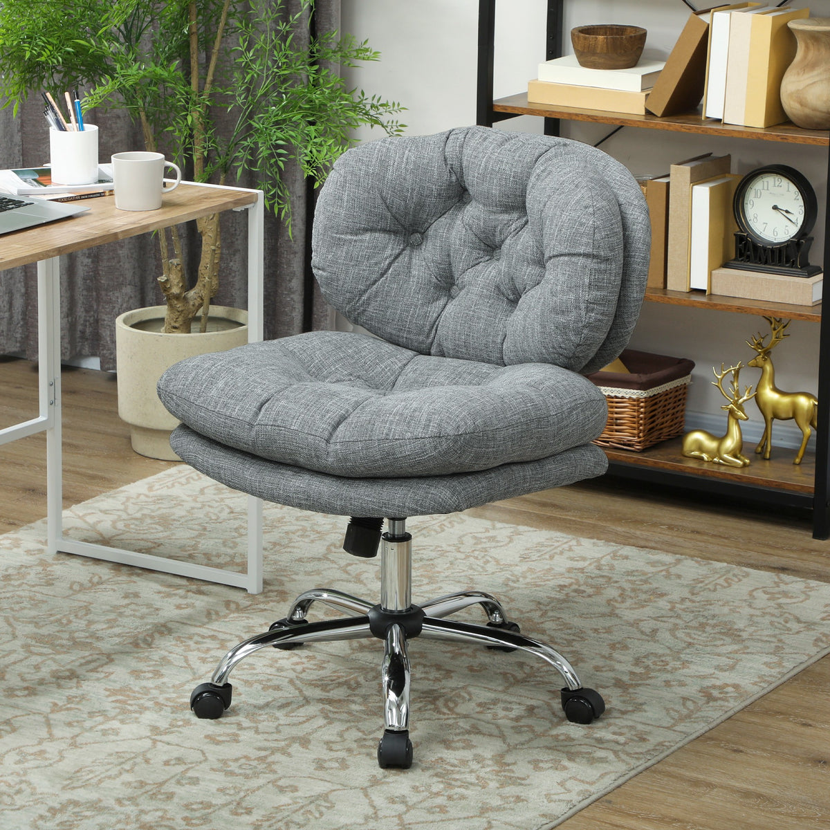 Armless Office Chair - Grey Linen-Feel Fabric Adjustable-Office Products > Office Furniture > Office Chairs > Task Chairs-DECOROLALA