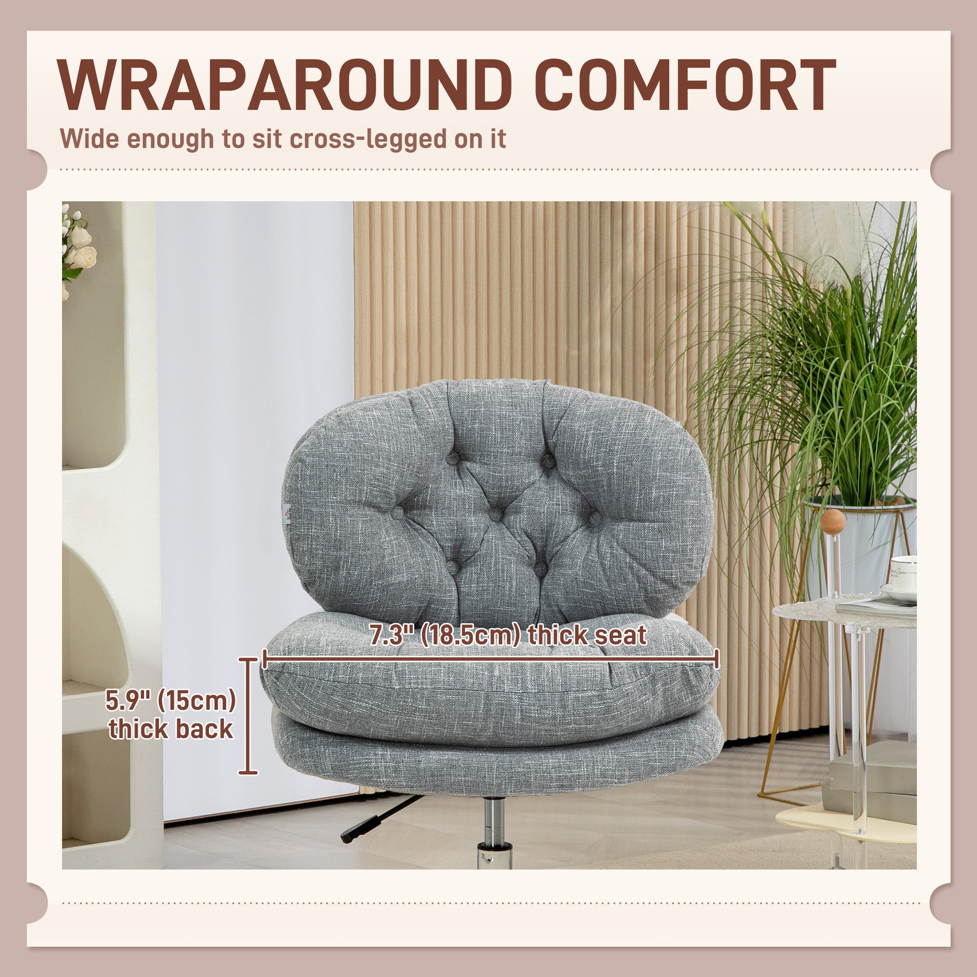 Armless Office Chair - Grey Linen-Feel Tufted Desk Chair-Office Products > Office Furniture > Office Chairs > Task Chairs-DECOROLALA