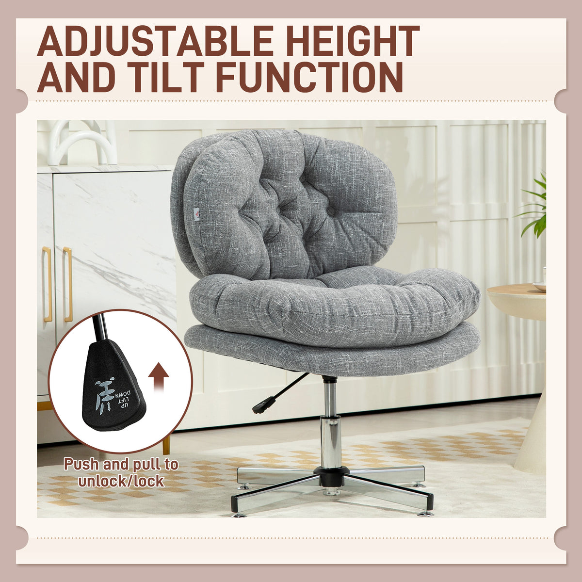 Armless Office Chair - Grey Linen-Feel Tufted Desk Chair-Office Products > Office Furniture > Office Chairs > Task Chairs-DECOROLALA