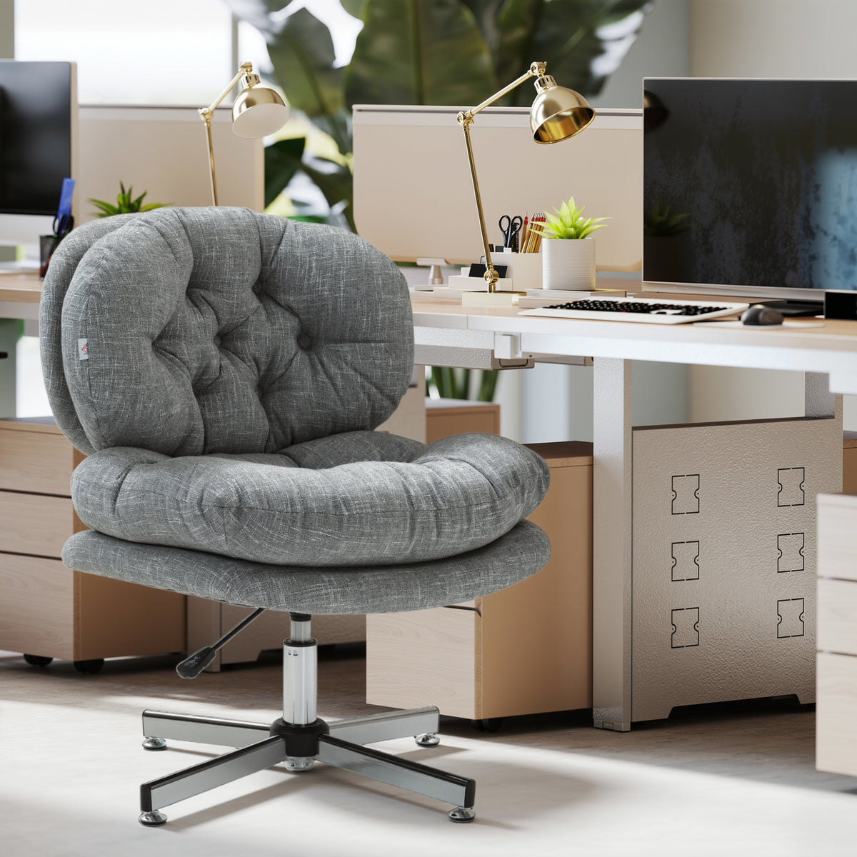 Armless Office Chair - Grey Linen-Feel Tufted Desk Chair-Office Products > Office Furniture > Office Chairs > Task Chairs-DECOROLALA