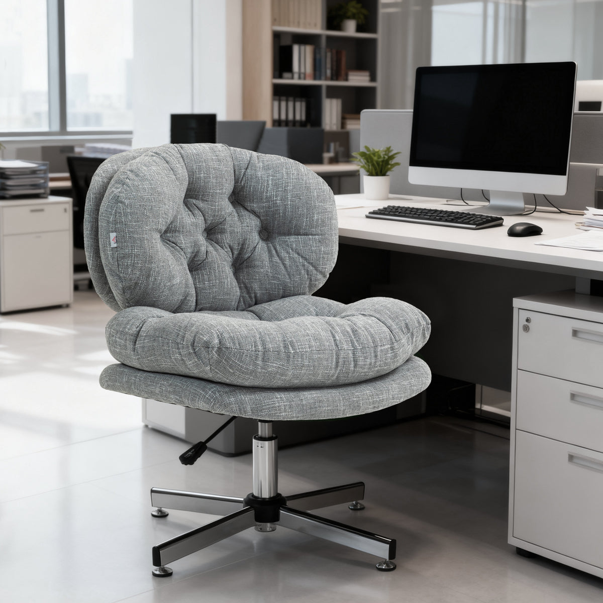 Armless Office Chair - Grey Linen-Feel Tufted Desk Chair-Office Products > Office Furniture > Office Chairs > Task Chairs-DECOROLALA