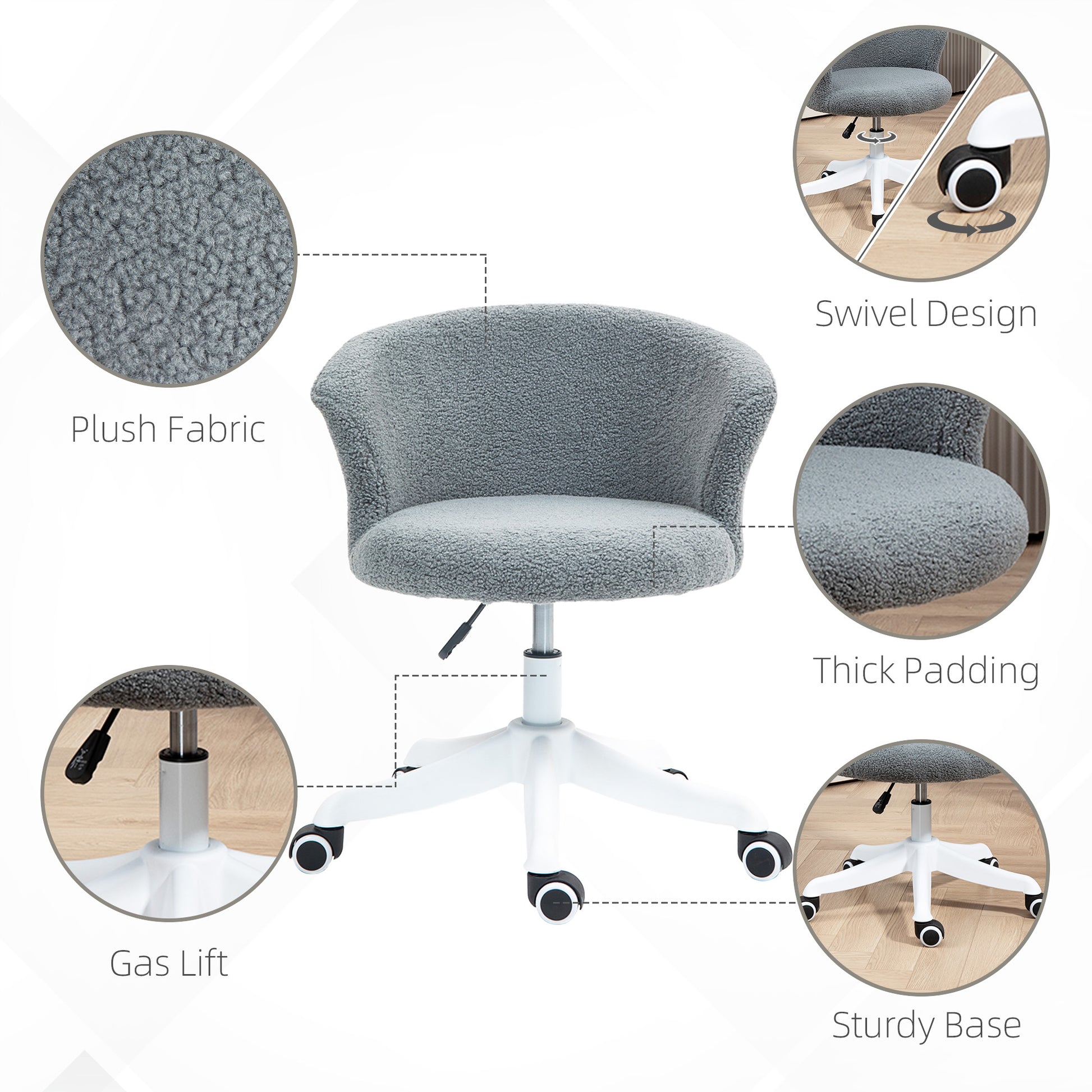 Armless Office Chair - Grey Teddy Fleece Swivel Desk Chair-Office Products > Office Furniture > Office Chairs-DECOROLALA