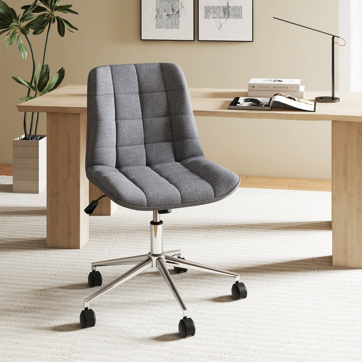 Armless Office Chair Upholstered Makeup Vanity Chair with Adjustable Height and Wheels-Grey-Armless Office Chairs-DECOROLALA