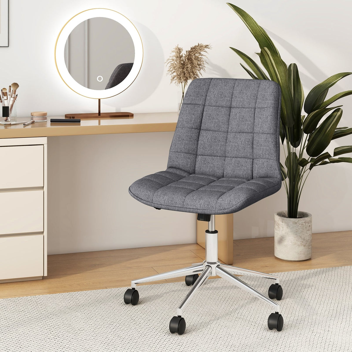 Armless Office Chair Upholstered Makeup Vanity Chair with Adjustable Height and Wheels-Grey-Armless Office Chairs-DECOROLALA
