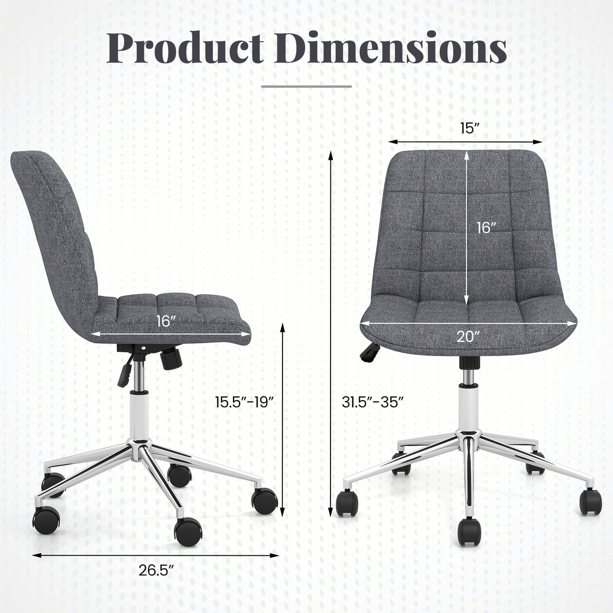 Armless Office Chair Upholstered Makeup Vanity Chair with Adjustable Height and Wheels-Grey-Armless Office Chairs-DECOROLALA