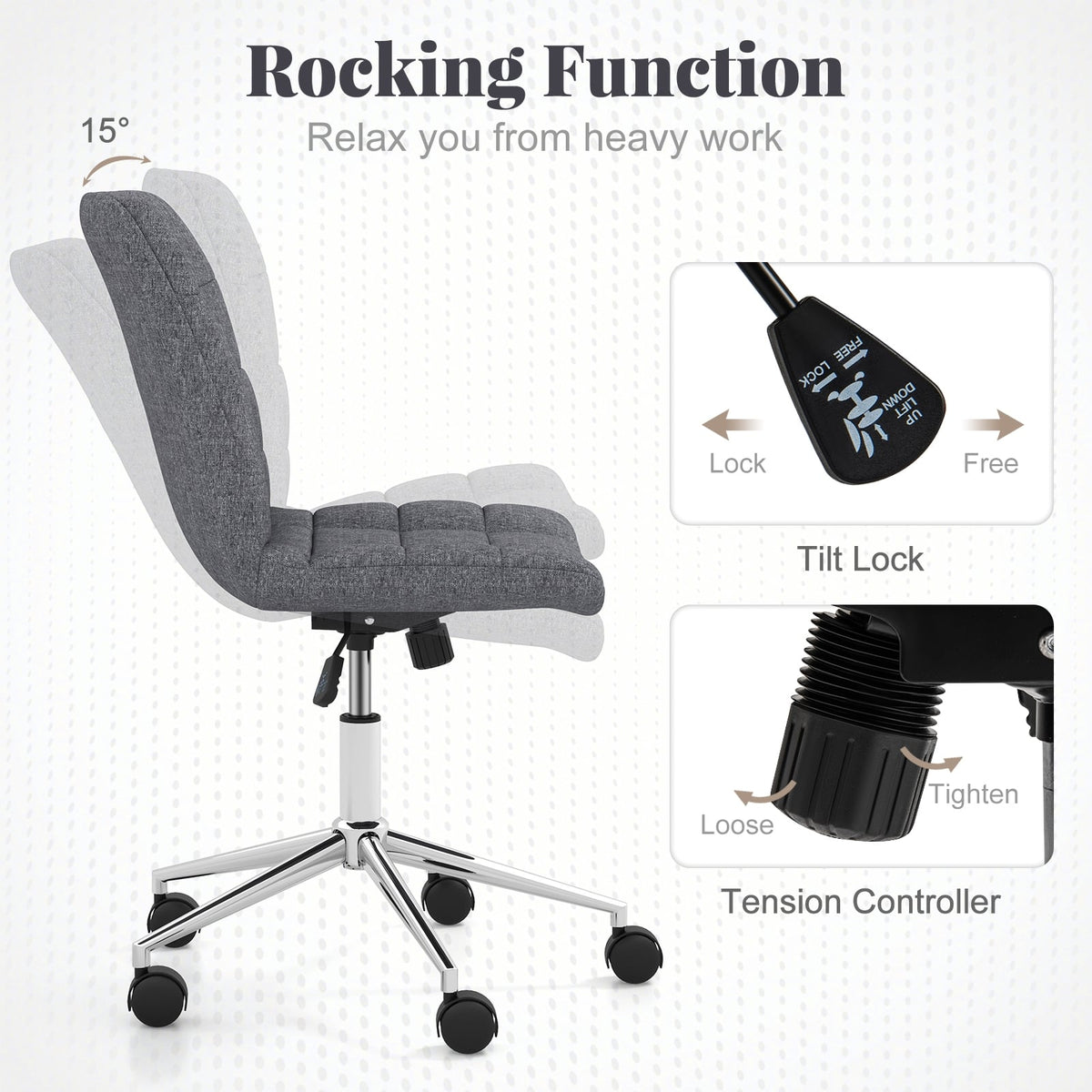Armless Office Chair Upholstered Makeup Vanity Chair with Adjustable Height and Wheels-Grey-Armless Office Chairs-DECOROLALA