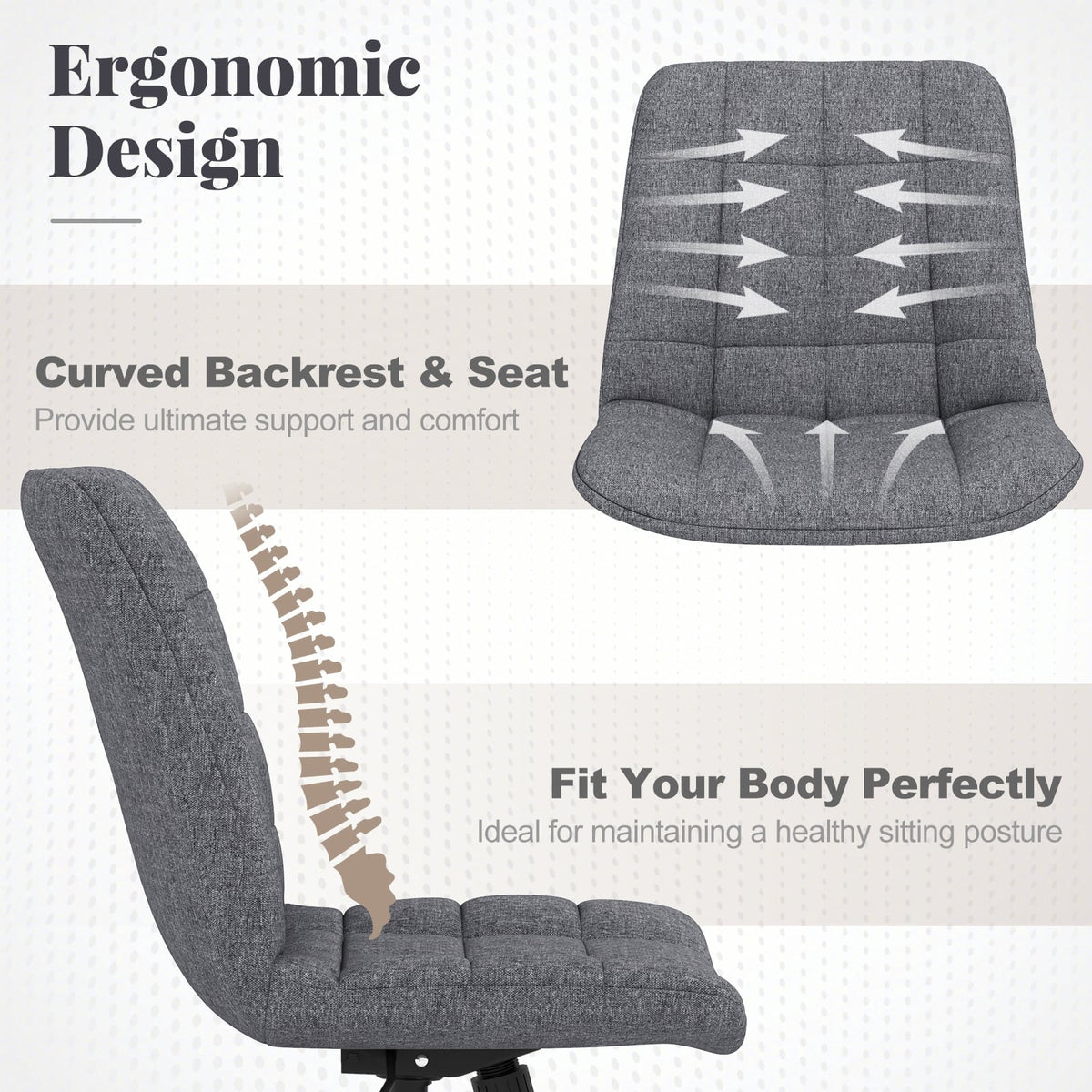Armless Office Chair Upholstered Makeup Vanity Chair with Adjustable Height and Wheels-Grey-Armless Office Chairs-DECOROLALA
