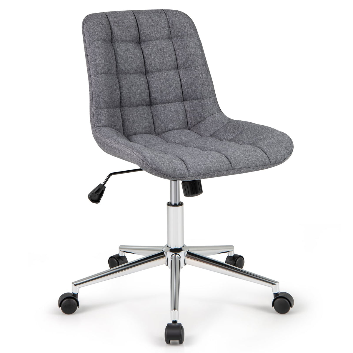 Armless Office Chair Upholstered Makeup Vanity Chair with Adjustable Height and Wheels-Grey-Armless Office Chairs-DECOROLALA